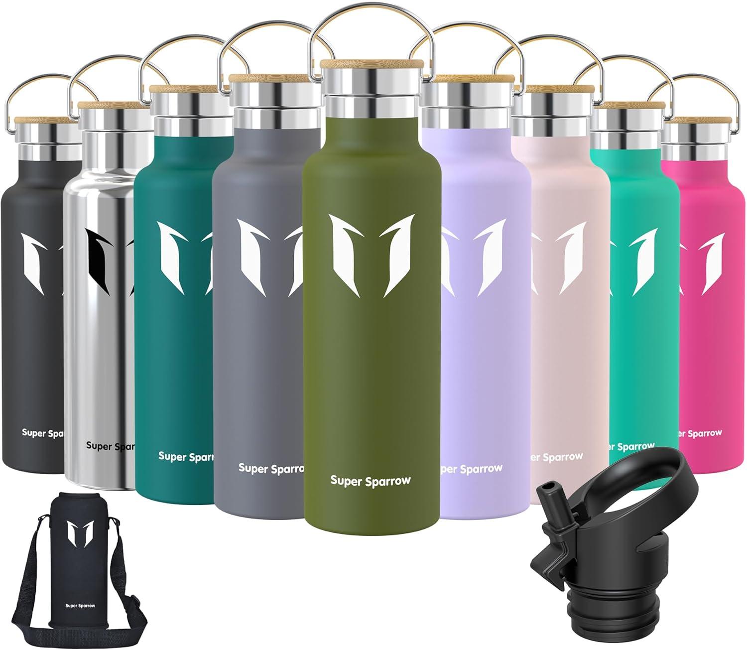 image:imageSuper Sparrow Gourde Isotherme Bouteille Isotherme 350ml500ml 620ml750ml1L tanche Sport Gourde INOX Bouche Standard Gourde Enfant sans BPA Pour Plein Air amp Quotidien Avec 2 BouchonsArme Verte