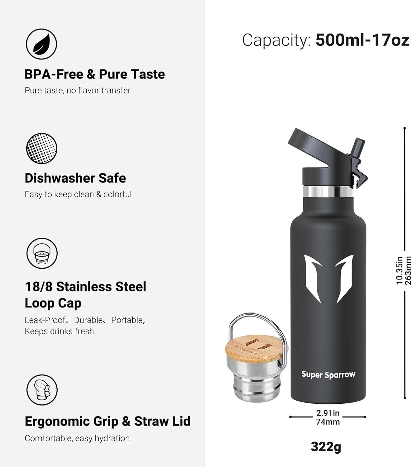 image:imageSuper Sparrow Gourde Isotherme Bouteille Isotherme 350ml500ml 620ml750ml1L tanche Sport Gourde INOX Bouche Standard Gourde Enfant sans BPA Pour Plein Air amp Quotidien Avec 2 BouchonsNoir