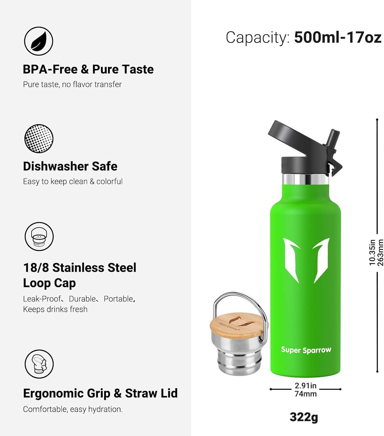 image:imageSuper Sparrow Gourde Isotherme Bouteille Isotherme 350ml500ml 620ml750ml1L tanche Sport Gourde INOX Bouche Standard Gourde Enfant sans BPA Pour Plein Air amp Quotidien Avec 2 BouchonsPomme Verte