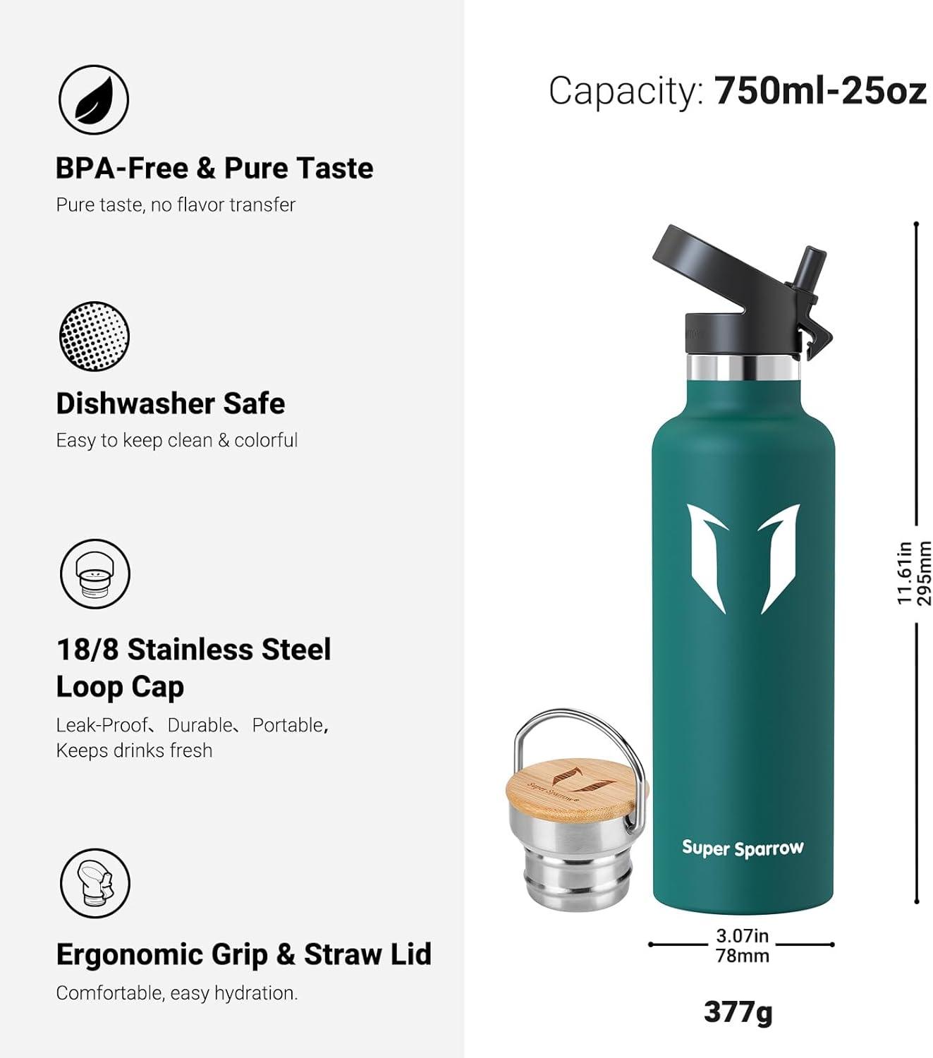 image:imageSuper Sparrow Gourde Isotherme Bouteille Isotherme 350ml500ml 620ml750ml1L tanche Sport Gourde INOX Bouche Standard Gourde Enfant sans BPA Pour Plein Air amp Quotidien Avec 2 BouchonsVert Fonc