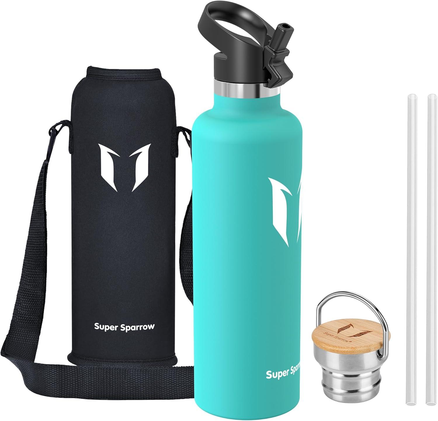 image:imageSuper Sparrow Gourde Isotherme Bouteille Isotherme 350ml500ml 620ml750ml1L tanche Sport Gourde INOX Bouche Standard Gourde Enfant sans BPA Pour Plein Air amp Quotidien Avec 2 BouchonsMenthe