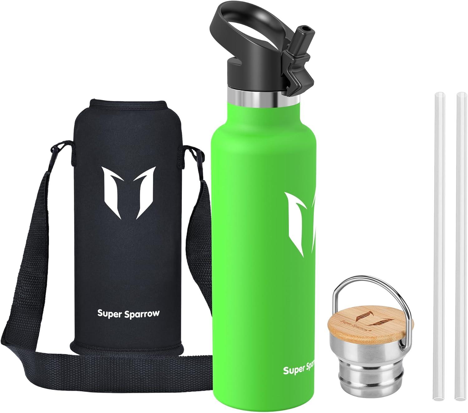 image:imageSuper Sparrow Gourde Isotherme Bouteille Isotherme 350ml500ml 620ml750ml1L tanche Sport Gourde INOX Bouche Standard Gourde Enfant sans BPA Pour Plein Air amp Quotidien Avec 2 BouchonsPomme Verte