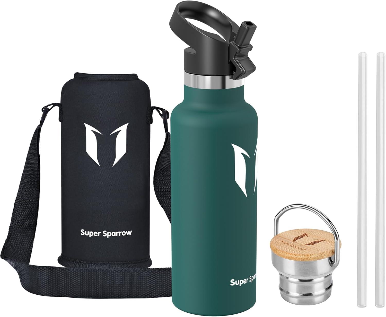 image:imageSuper Sparrow Gourde Isotherme Bouteille Isotherme 350ml500ml 620ml750ml1L tanche Sport Gourde INOX Bouche Standard Gourde Enfant sans BPA Pour Plein Air amp Quotidien Avec 2 BouchonsVert Fonc