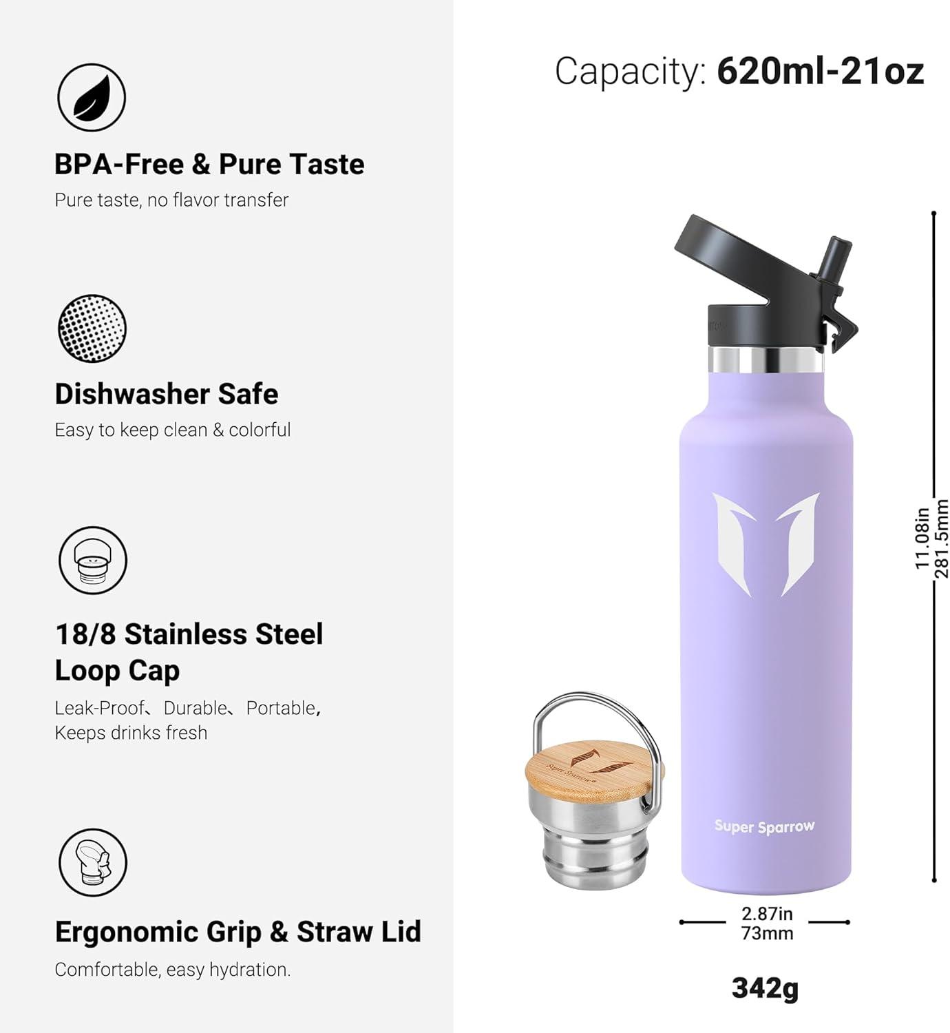 image:imageSuper Sparrow Gourde Isotherme Bouteille Isotherme 350ml500ml 620ml750ml1L tanche Sport Gourde INOX Bouche Standard Gourde Enfant sans BPA Pour Plein Air amp Quotidien Avec 2 BouchonsLavande