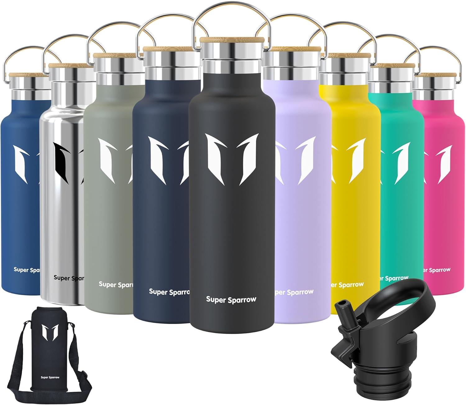 image:imageSuper Sparrow Gourde Isotherme Bouteille Isotherme 350ml500ml 620ml750ml1L tanche Sport Gourde INOX Bouche Standard Gourde Enfant sans BPA Pour Plein Air amp Quotidien Avec 2 BouchonsNoir