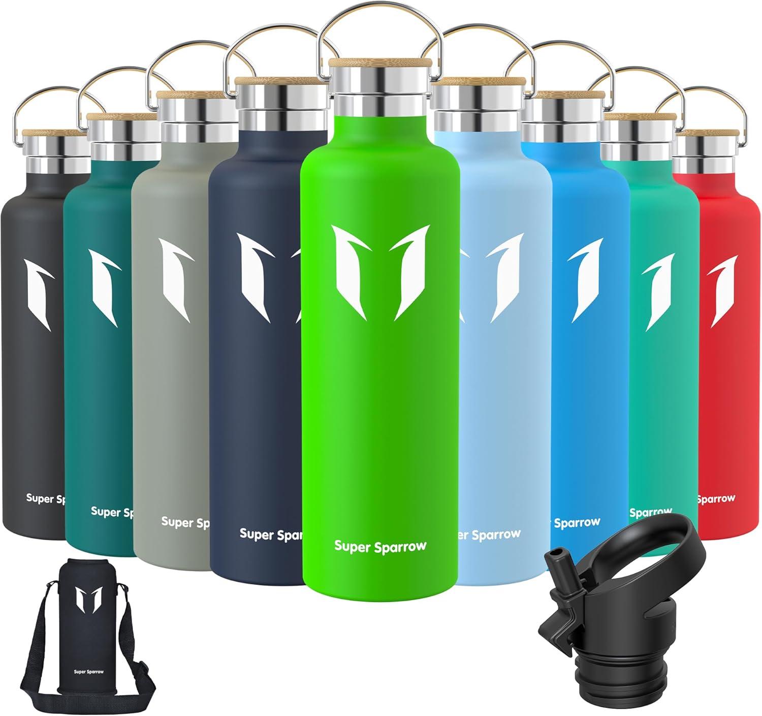 image:imageSuper Sparrow Gourde Isotherme Bouteille Isotherme 350ml500ml 620ml750ml1L tanche Sport Gourde INOX Bouche Standard Gourde Enfant sans BPA Pour Plein Air amp Quotidien Avec 2 BouchonsPomme Verte