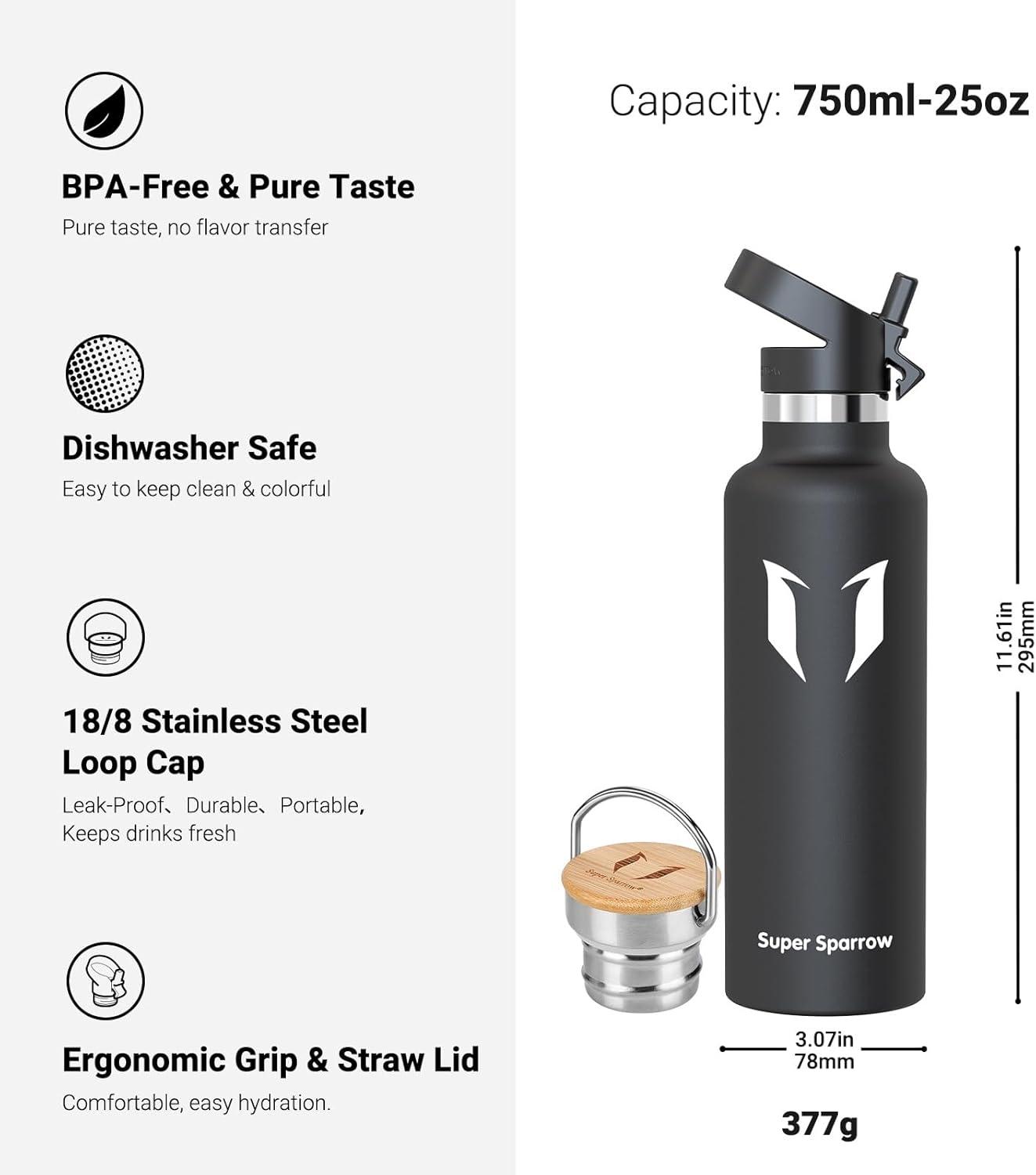 image:imageSuper Sparrow Gourde Isotherme Bouteille Isotherme 350ml500ml 620ml750ml1L tanche Sport Gourde INOX Bouche Standard Gourde Enfant sans BPA Pour Plein Air amp Quotidien Avec 2 BouchonsNoir