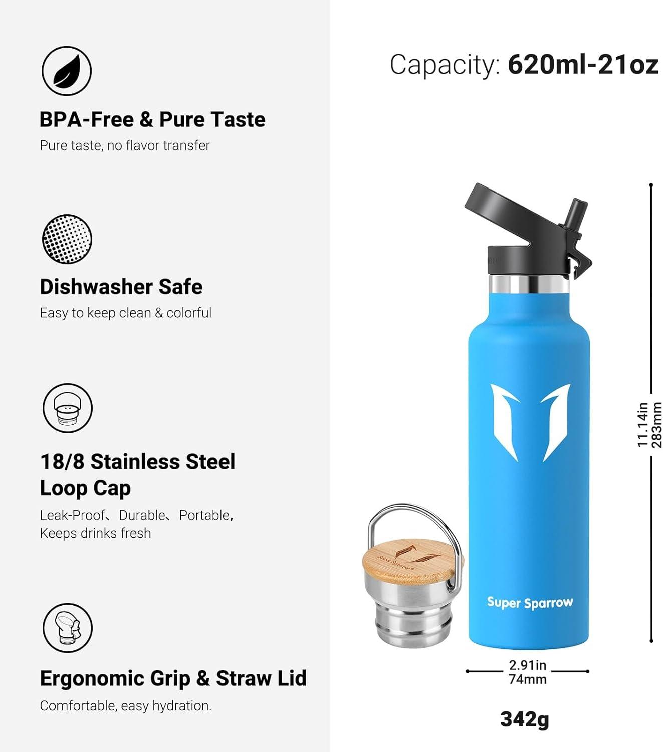 image:imageSuper Sparrow Gourde Isotherme Bouteille Isotherme 350ml500ml 620ml750ml1L tanche Sport Gourde INOX Bouche Standard Gourde Enfant sans BPA Pour Plein Air amp Quotidien Avec 2 BouchonsBleu
