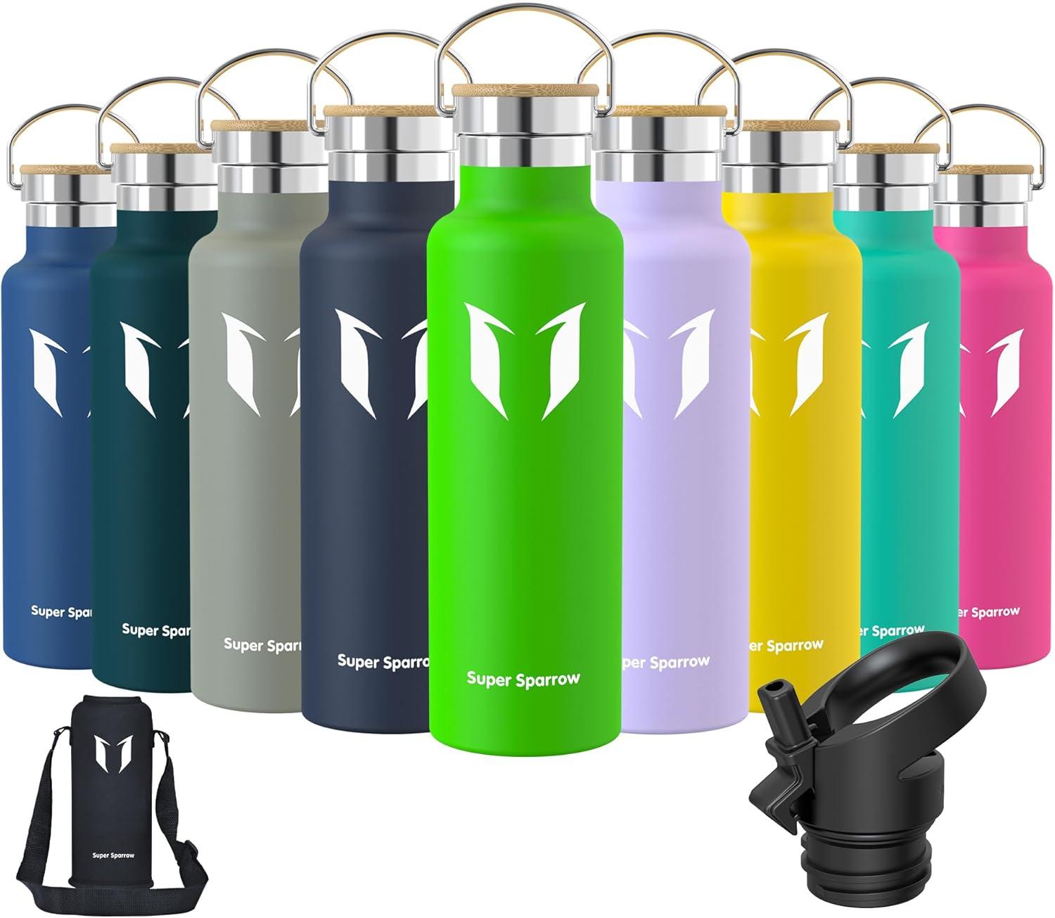 image:imageSuper Sparrow Gourde Isotherme Bouteille Isotherme 350ml500ml 620ml750ml1L tanche Sport Gourde INOX Bouche Standard Gourde Enfant sans BPA Pour Plein Air amp Quotidien Avec 2 BouchonsPomme Verte