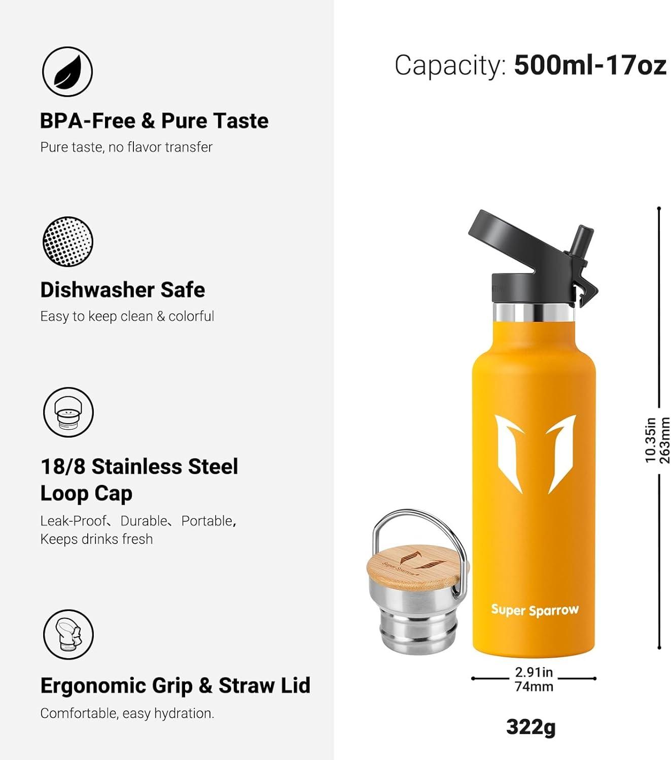 image:imageSuper Sparrow Gourde Isotherme Bouteille Isotherme 350ml500ml 620ml750ml1L tanche Sport Gourde INOX Bouche Standard Gourde Enfant sans BPA Pour Plein Air amp Quotidien Avec 2 BouchonsMangue