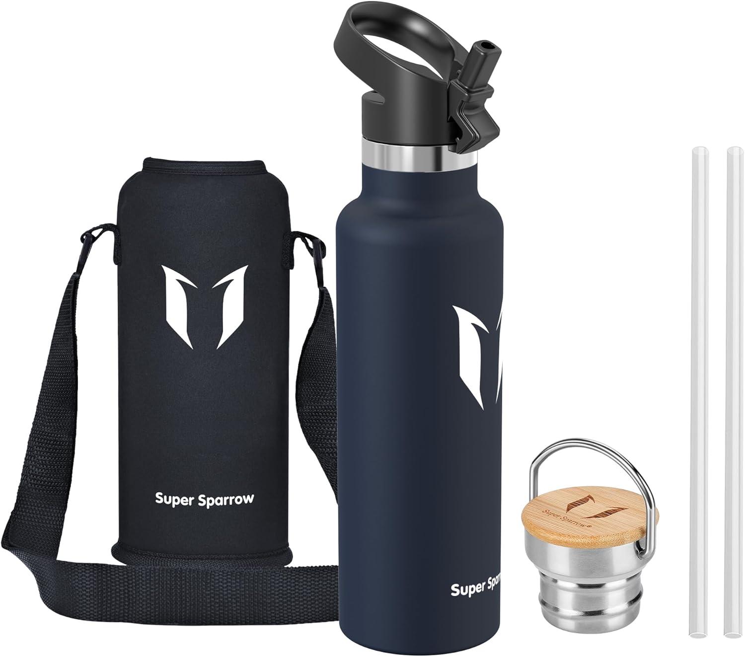 image:imageSuper Sparrow Gourde Isotherme Bouteille Isotherme 350ml500ml 620ml750ml1L tanche Sport Gourde INOX Bouche Standard Gourde Enfant sans BPA Pour Plein Air amp Quotidien Avec 2 BouchonsMer Bleue