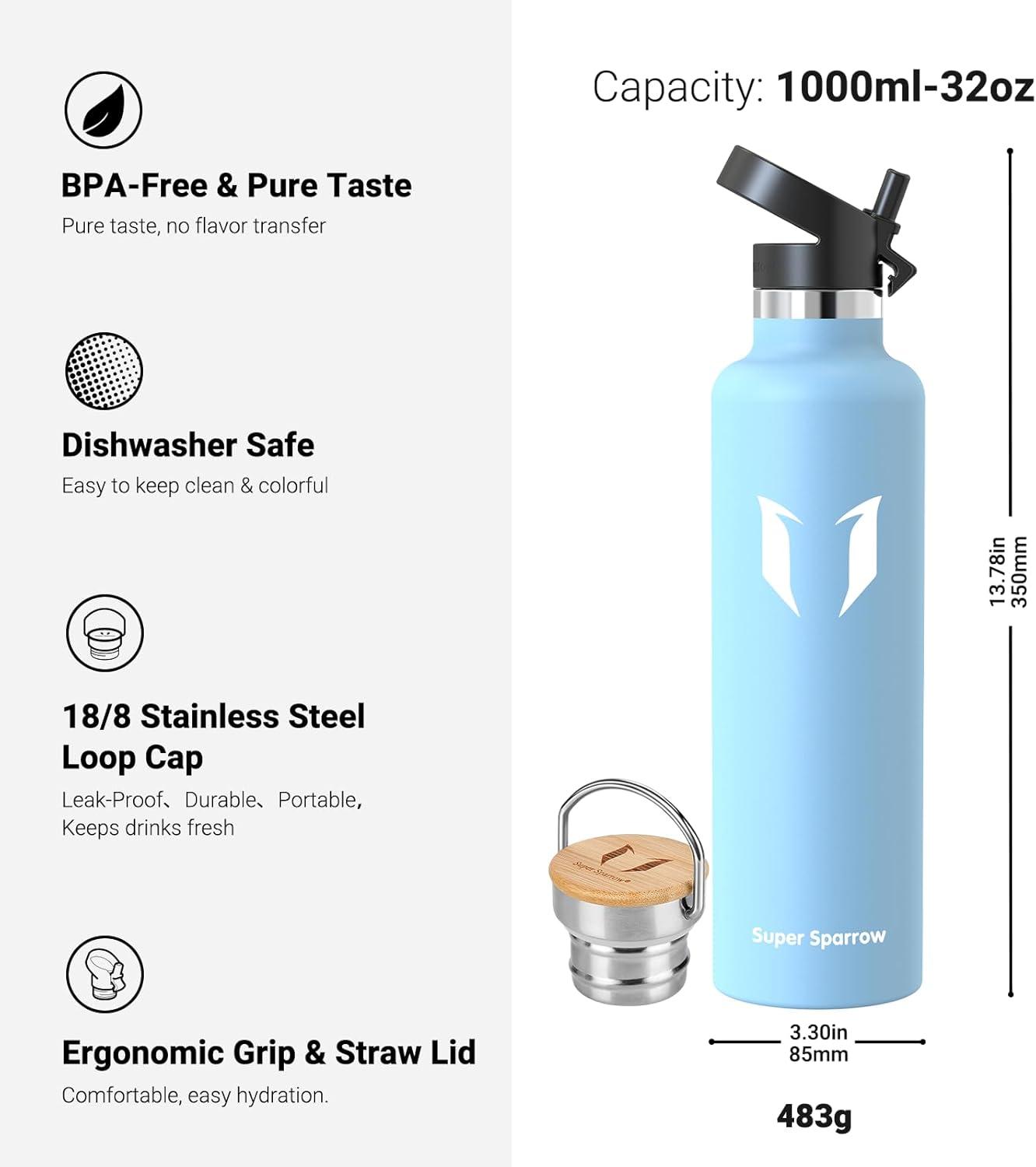 image:imageSuper Sparrow Gourde Isotherme Bouteille Isotherme 350ml500ml 620ml750ml1L tanche Sport Gourde INOX Bouche Standard Gourde Enfant sans BPA Pour Plein Air amp Quotidien Avec 2 BouchonsLe Givre