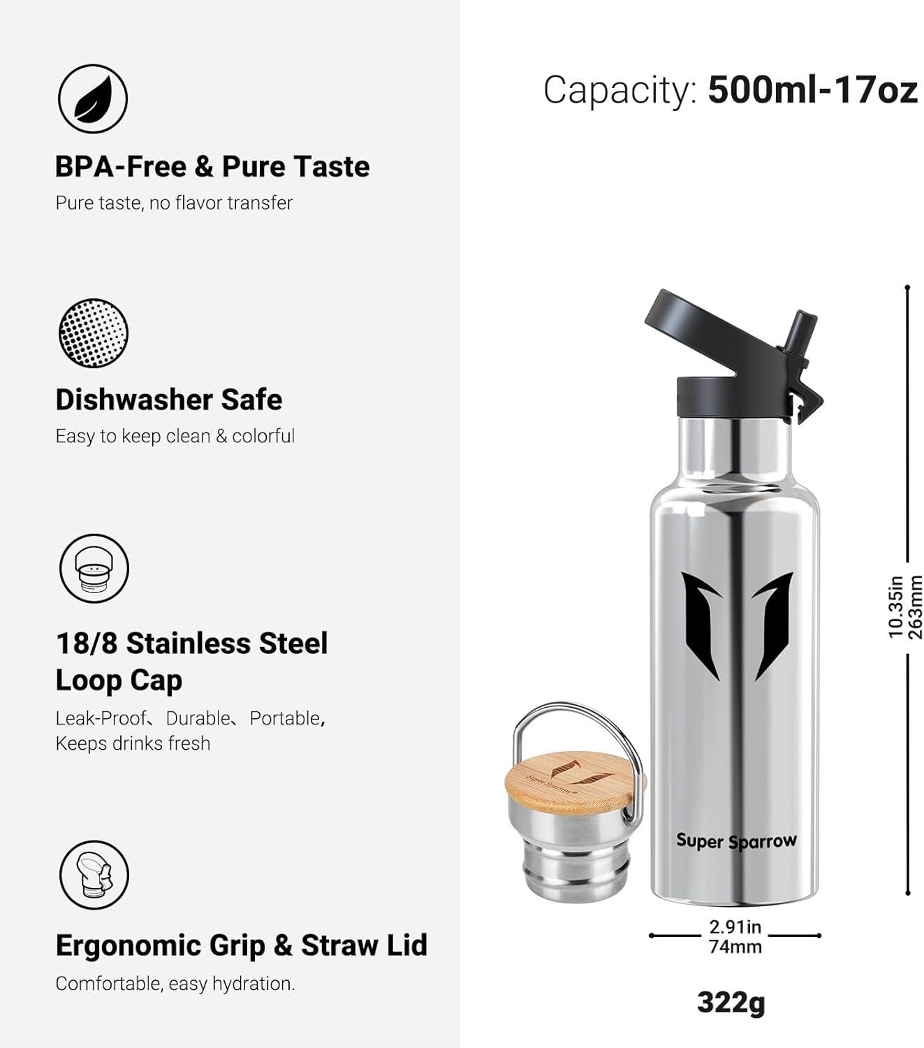 image:imageSuper Sparrow Gourde Isotherme Bouteille Isotherme 350ml500ml 620ml750ml1L tanche Sport Gourde INOX Bouche Standard Gourde Enfant sans BPA Pour Plein Air amp Quotidien Avec 2 BouchonsAcier Inoxydable