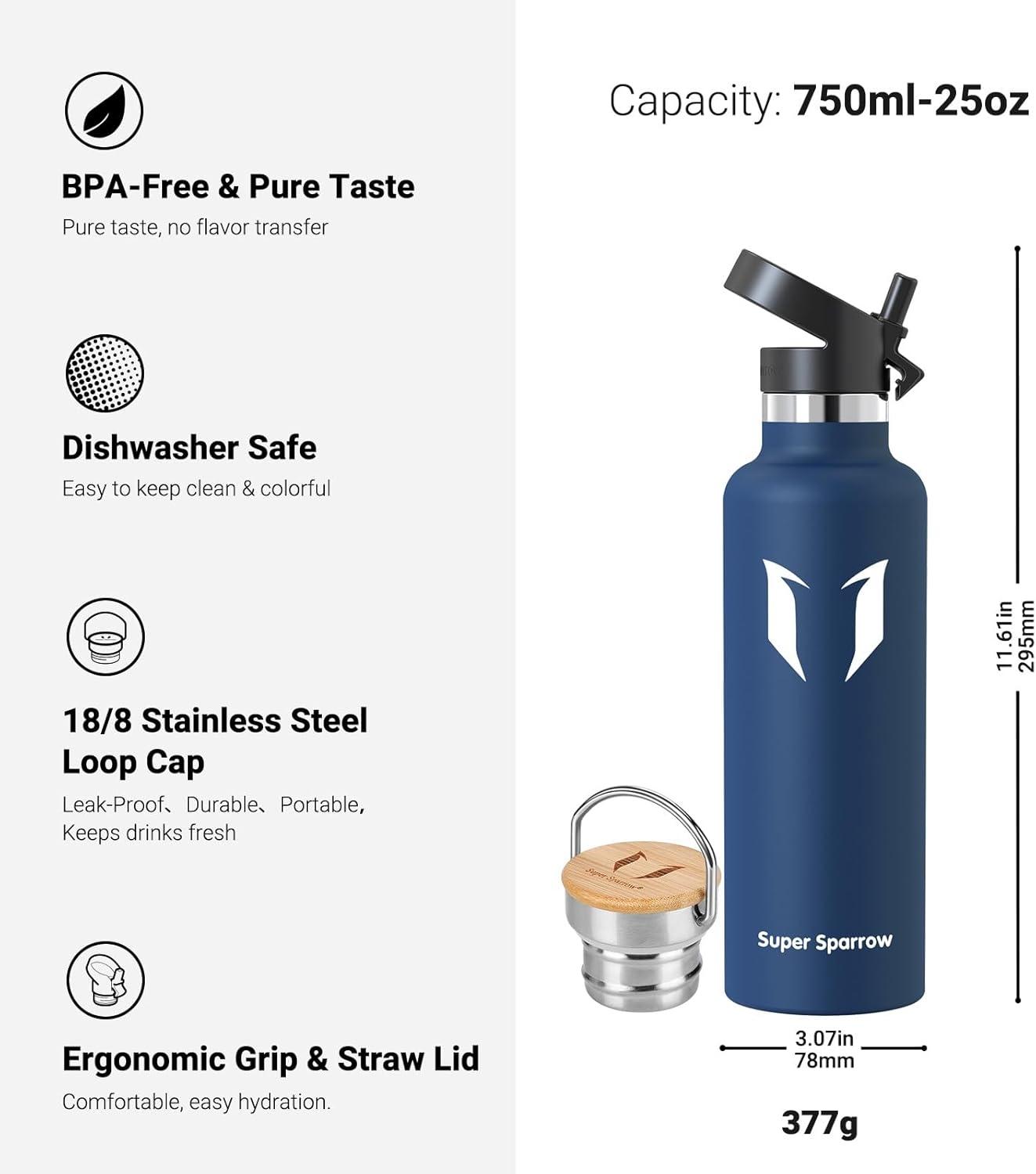image:imageSuper Sparrow Gourde Isotherme Bouteille Isotherme 350ml500ml 620ml750ml1L tanche Sport Gourde INOX Bouche Standard Gourde Enfant sans BPA Pour Plein Air amp Quotidien Avec 2 BouchonsCobalt