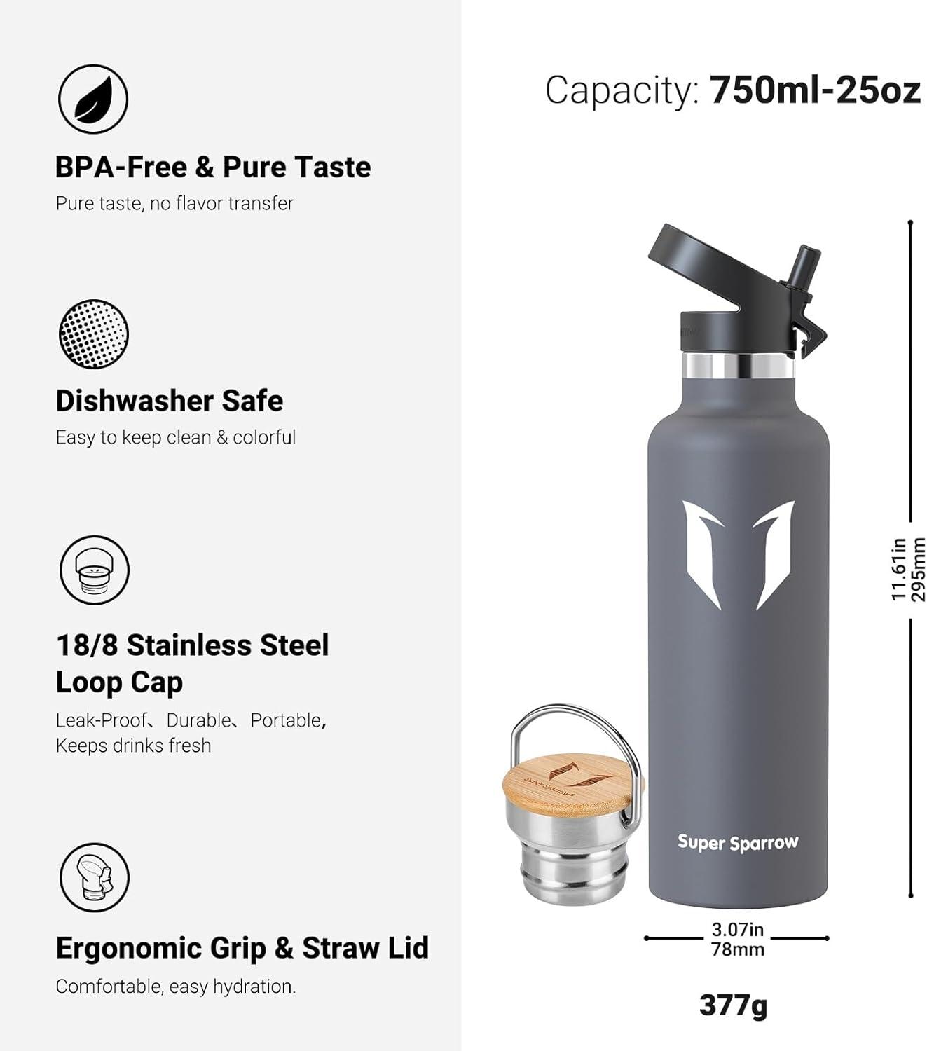 image:imageSuper Sparrow Gourde Isotherme Bouteille Isotherme 350ml500ml 620ml750ml1L tanche Sport Gourde INOX Bouche Standard Gourde Enfant sans BPA Pour Plein Air amp Quotidien Avec 2 BouchonsGris