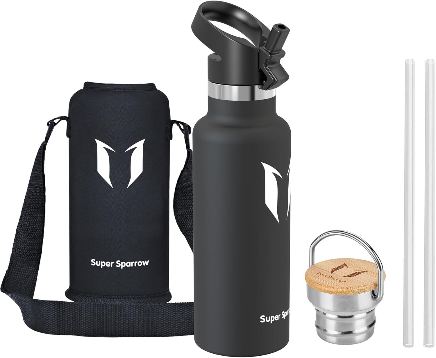 image:imageSuper Sparrow Gourde Isotherme Bouteille Isotherme 350ml500ml 620ml750ml1L tanche Sport Gourde INOX Bouche Standard Gourde Enfant sans BPA Pour Plein Air amp Quotidien Avec 2 BouchonsNoir