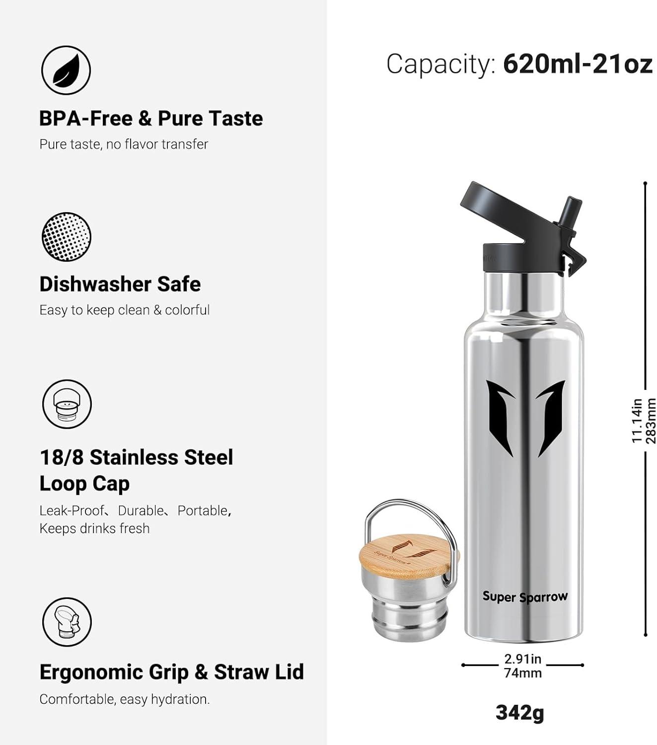 image:imageSuper Sparrow Gourde Isotherme Bouteille Isotherme 350ml500ml 620ml750ml1L tanche Sport Gourde INOX Bouche Standard Gourde Enfant sans BPA Pour Plein Air amp Quotidien Avec 2 BouchonsAcier Inoxydable