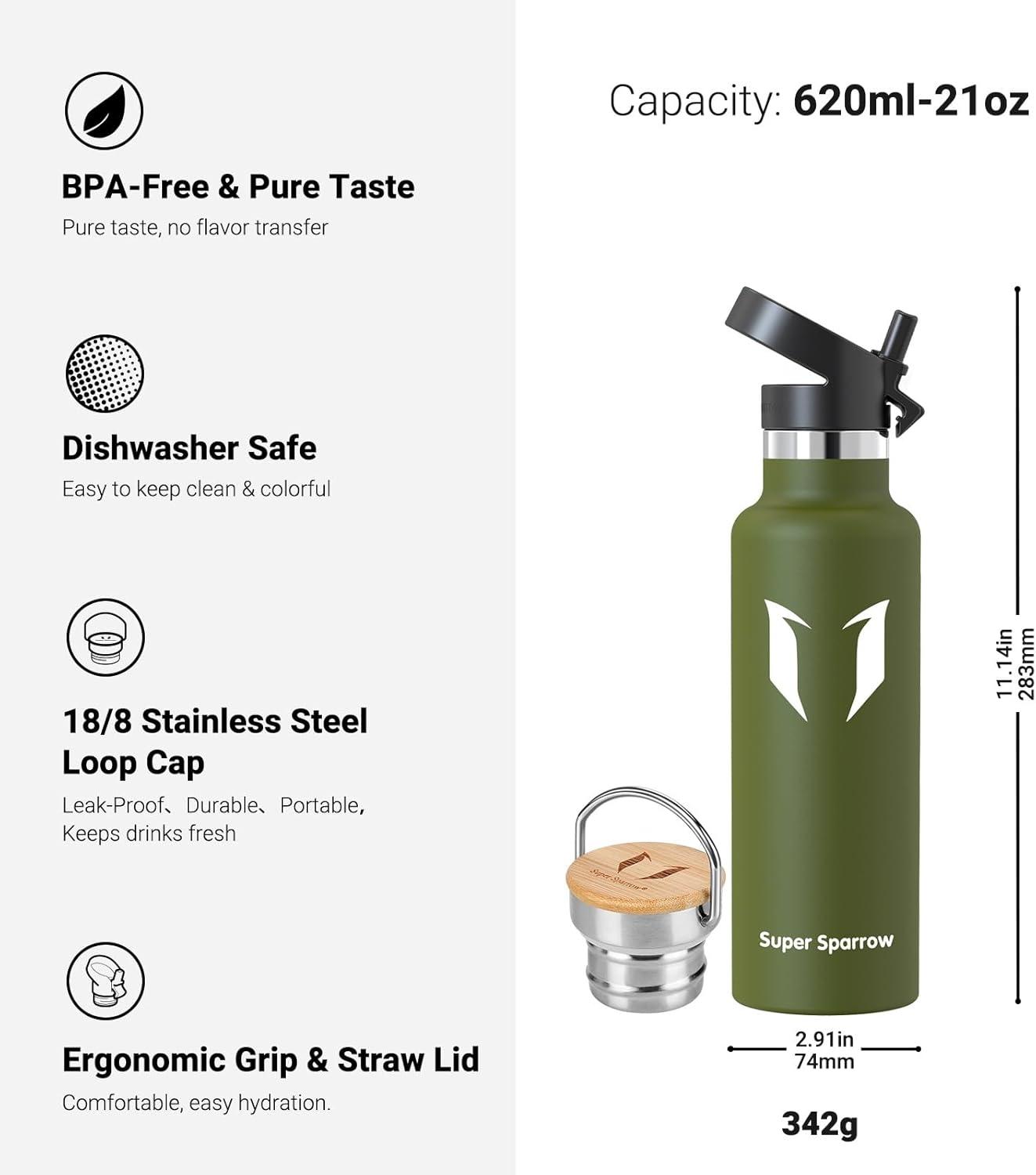 image:imageSuper Sparrow Gourde Isotherme Bouteille Isotherme 350ml500ml 620ml750ml1L tanche Sport Gourde INOX Bouche Standard Gourde Enfant sans BPA Pour Plein Air amp Quotidien Avec 2 BouchonsArme Verte