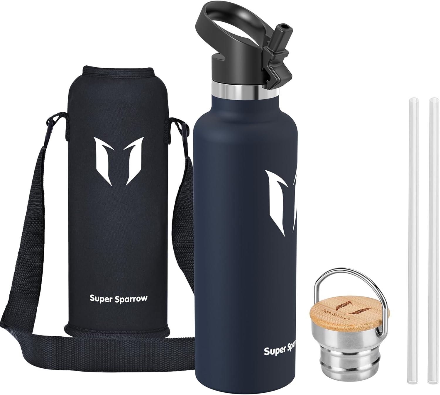 image:imageSuper Sparrow Gourde Isotherme Bouteille Isotherme 350ml500ml 620ml750ml1L tanche Sport Gourde INOX Bouche Standard Gourde Enfant sans BPA Pour Plein Air amp Quotidien Avec 2 BouchonsMer Bleue