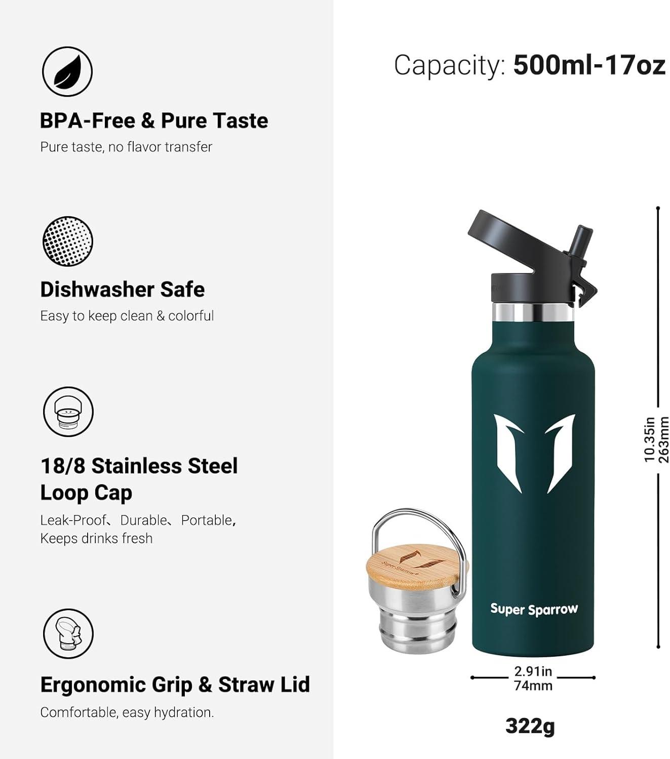 image:imageSuper Sparrow Gourde Isotherme Bouteille Isotherme 350ml500ml 620ml750ml1L tanche Sport Gourde INOX Bouche Standard Gourde Enfant sans BPA Pour Plein Air amp Quotidien Avec 2 BouchonsJade