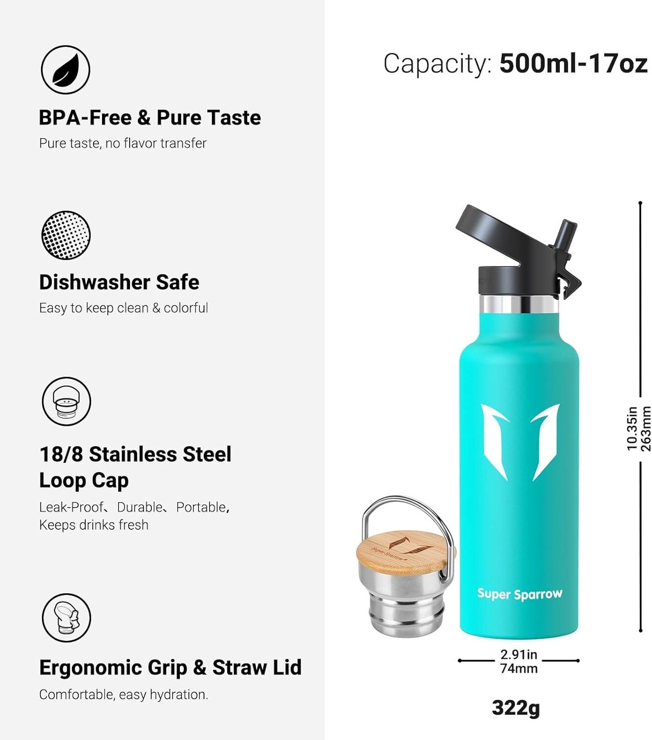 image:imageSuper Sparrow Gourde Isotherme Bouteille Isotherme 350ml500ml 620ml750ml1L tanche Sport Gourde INOX Bouche Standard Gourde Enfant sans BPA Pour Plein Air amp Quotidien Avec 2 BouchonsMenthe