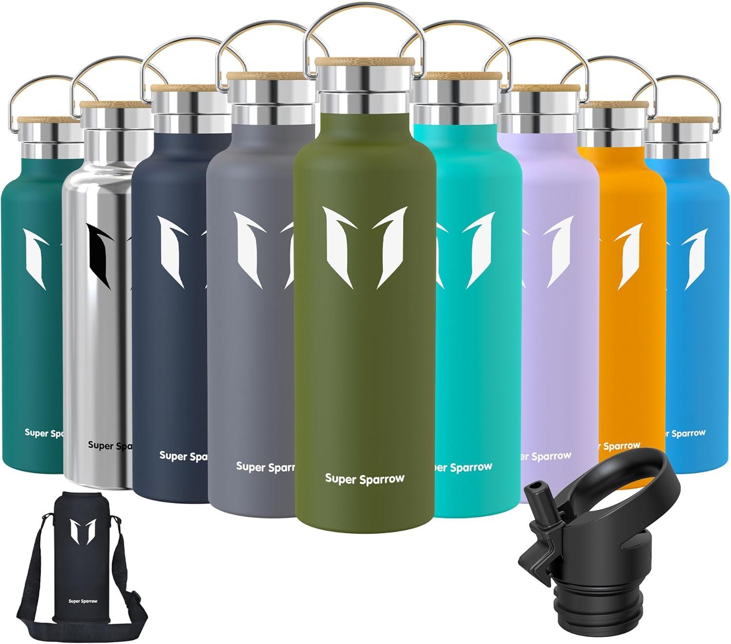 image:imageSuper Sparrow Gourde Isotherme Bouteille Isotherme 350ml500ml 620ml750ml1L tanche Sport Gourde INOX Bouche Standard Gourde Enfant sans BPA Pour Plein Air amp Quotidien Avec 2 BouchonsArme Verte