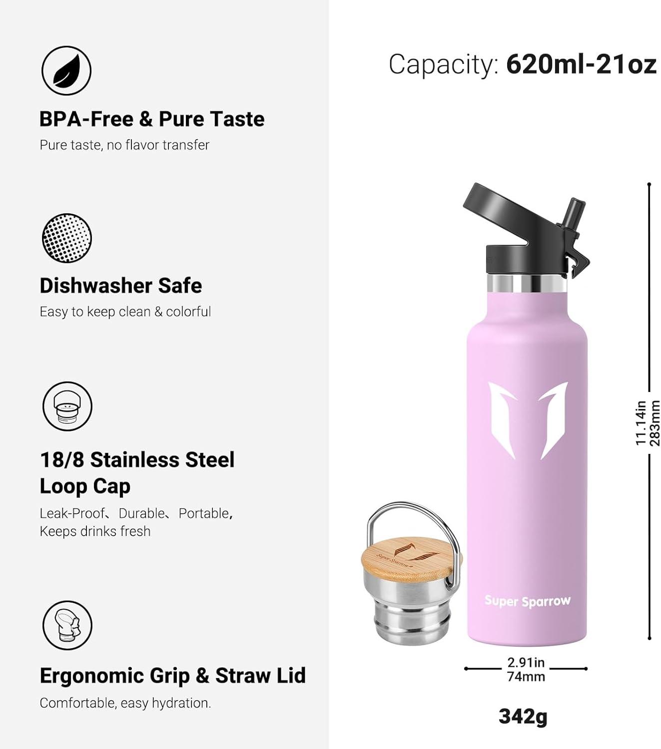 image:imageSuper Sparrow Gourde Isotherme Bouteille Isotherme 350ml500ml 620ml750ml1L tanche Sport Gourde INOX Bouche Standard Gourde Enfant sans BPA Pour Plein Air amp Quotidien Avec 2 BouchonsFleurs de Cerisier