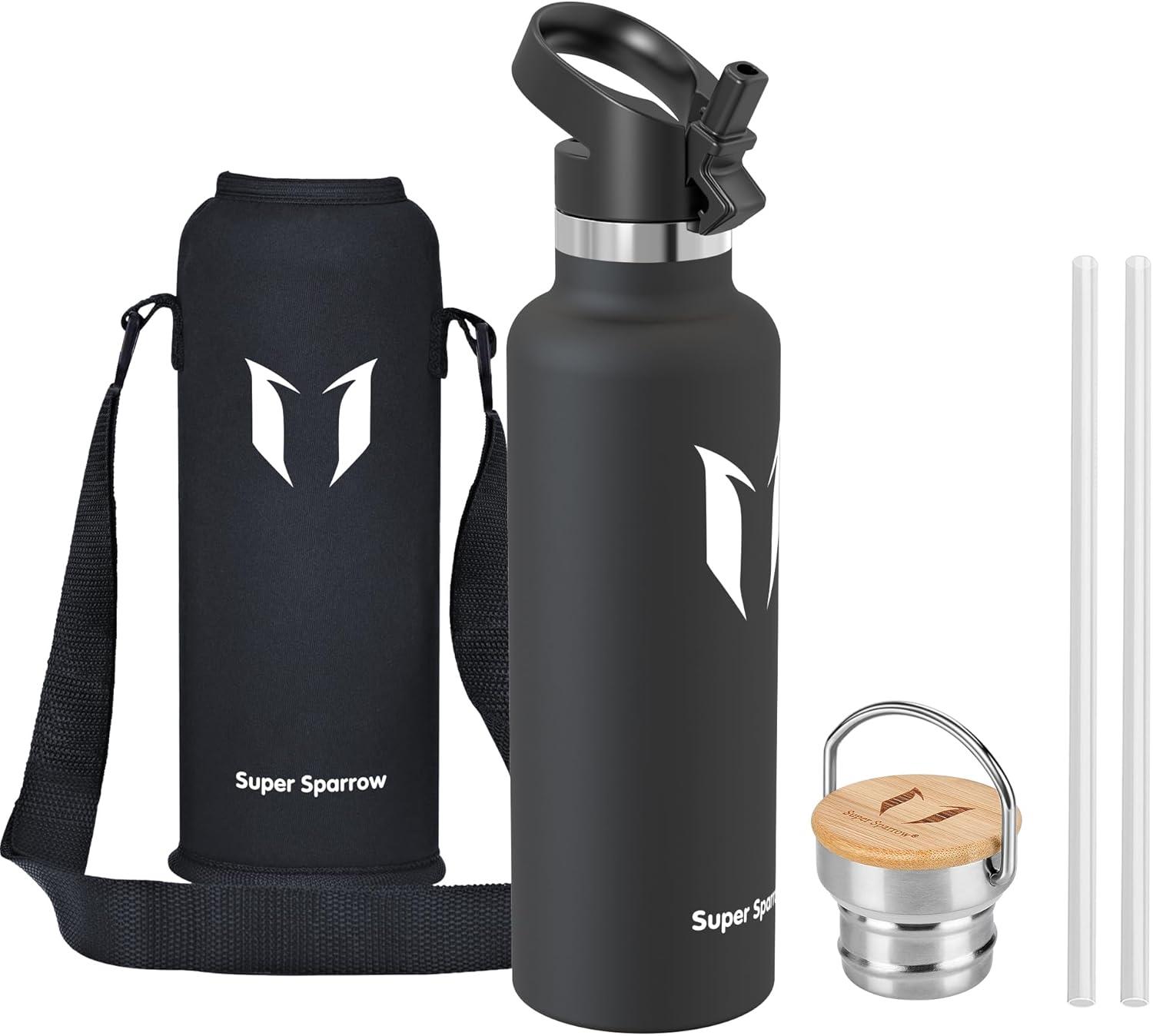 image:imageSuper Sparrow Gourde Isotherme Bouteille Isotherme 350ml500ml 620ml750ml1L tanche Sport Gourde INOX Bouche Standard Gourde Enfant sans BPA Pour Plein Air amp Quotidien Avec 2 BouchonsNoir
