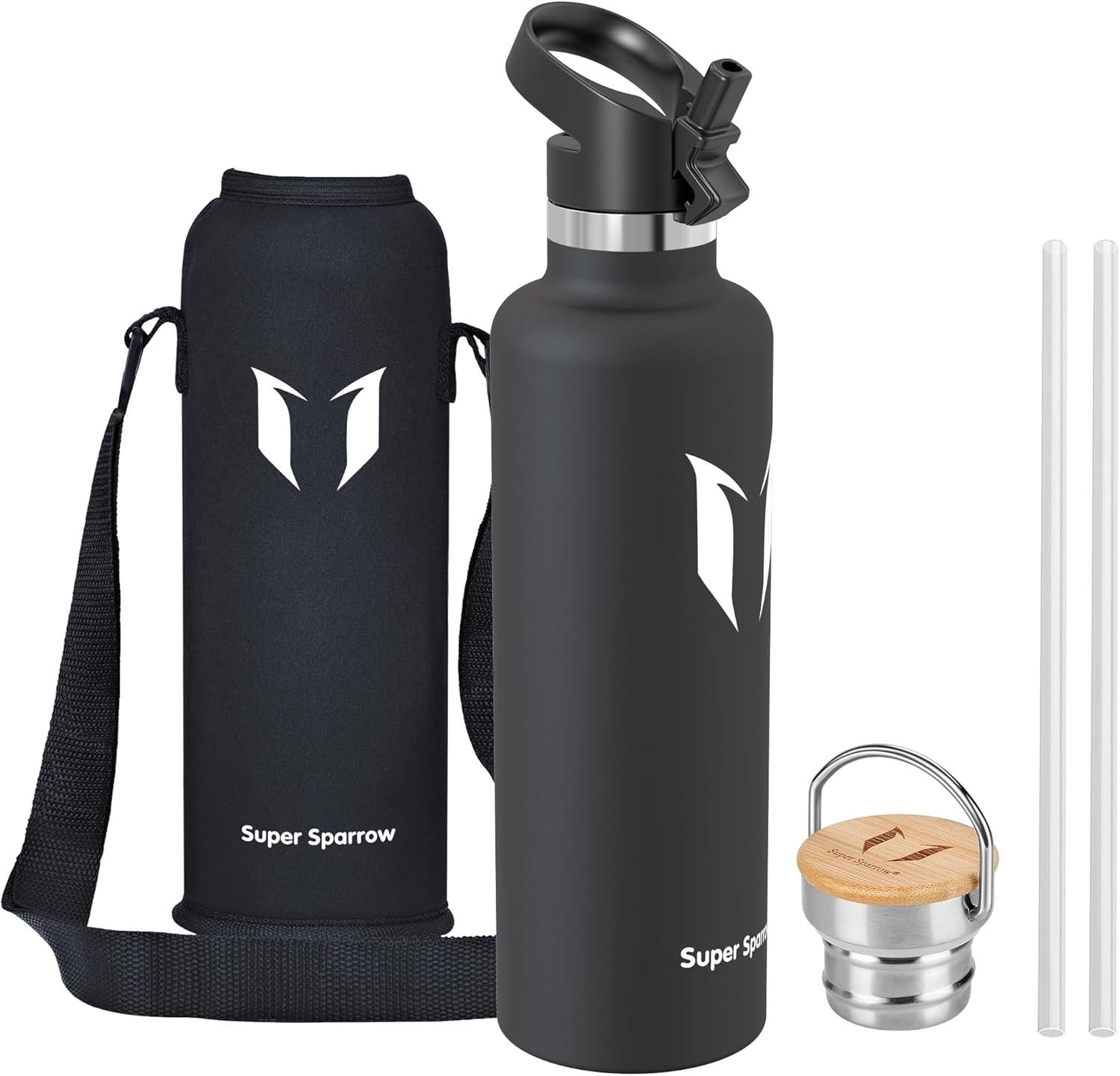 image:imageSuper Sparrow Gourde Isotherme Bouteille Isotherme 350ml500ml 620ml750ml1L tanche Sport Gourde INOX Bouche Standard Gourde Enfant sans BPA Pour Plein Air amp Quotidien Avec 2 BouchonsNoir