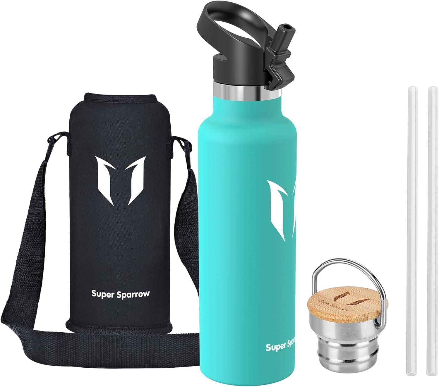image:imageSuper Sparrow Gourde Isotherme Bouteille Isotherme 350ml500ml 620ml750ml1L tanche Sport Gourde INOX Bouche Standard Gourde Enfant sans BPA Pour Plein Air amp Quotidien Avec 2 BouchonsMenthe