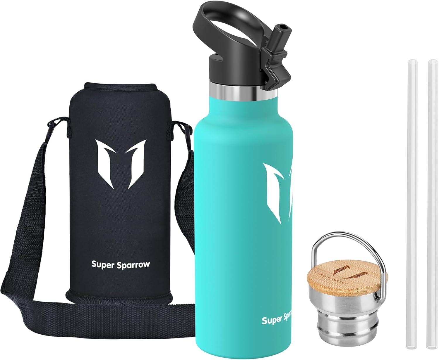 image:imageSuper Sparrow Gourde Isotherme Bouteille Isotherme 350ml500ml 620ml750ml1L tanche Sport Gourde INOX Bouche Standard Gourde Enfant sans BPA Pour Plein Air amp Quotidien Avec 2 BouchonsMenthe