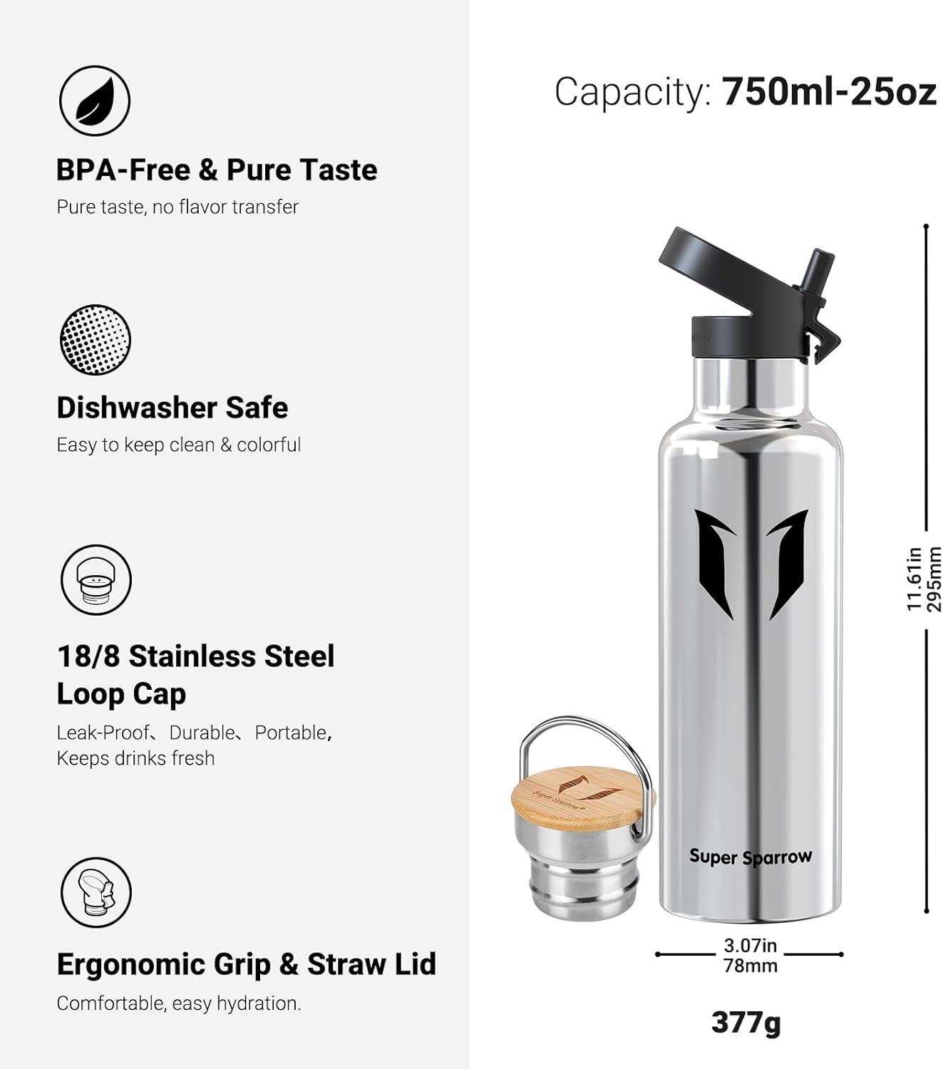 image:imageSuper Sparrow Gourde Isotherme Bouteille Isotherme 350ml500ml 620ml750ml1L tanche Sport Gourde INOX Bouche Standard Gourde Enfant sans BPA Pour Plein Air amp Quotidien Avec 2 BouchonsAcier Inoxydable