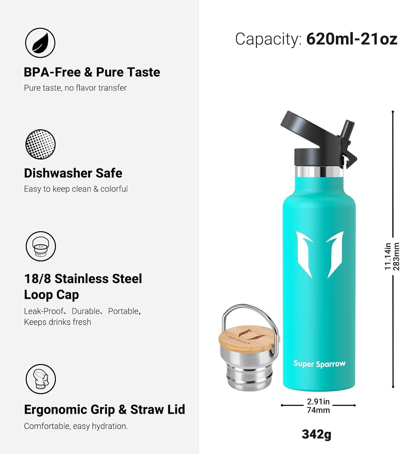 image:imageSuper Sparrow Gourde Isotherme Bouteille Isotherme 350ml500ml 620ml750ml1L tanche Sport Gourde INOX Bouche Standard Gourde Enfant sans BPA Pour Plein Air amp Quotidien Avec 2 BouchonsMenthe