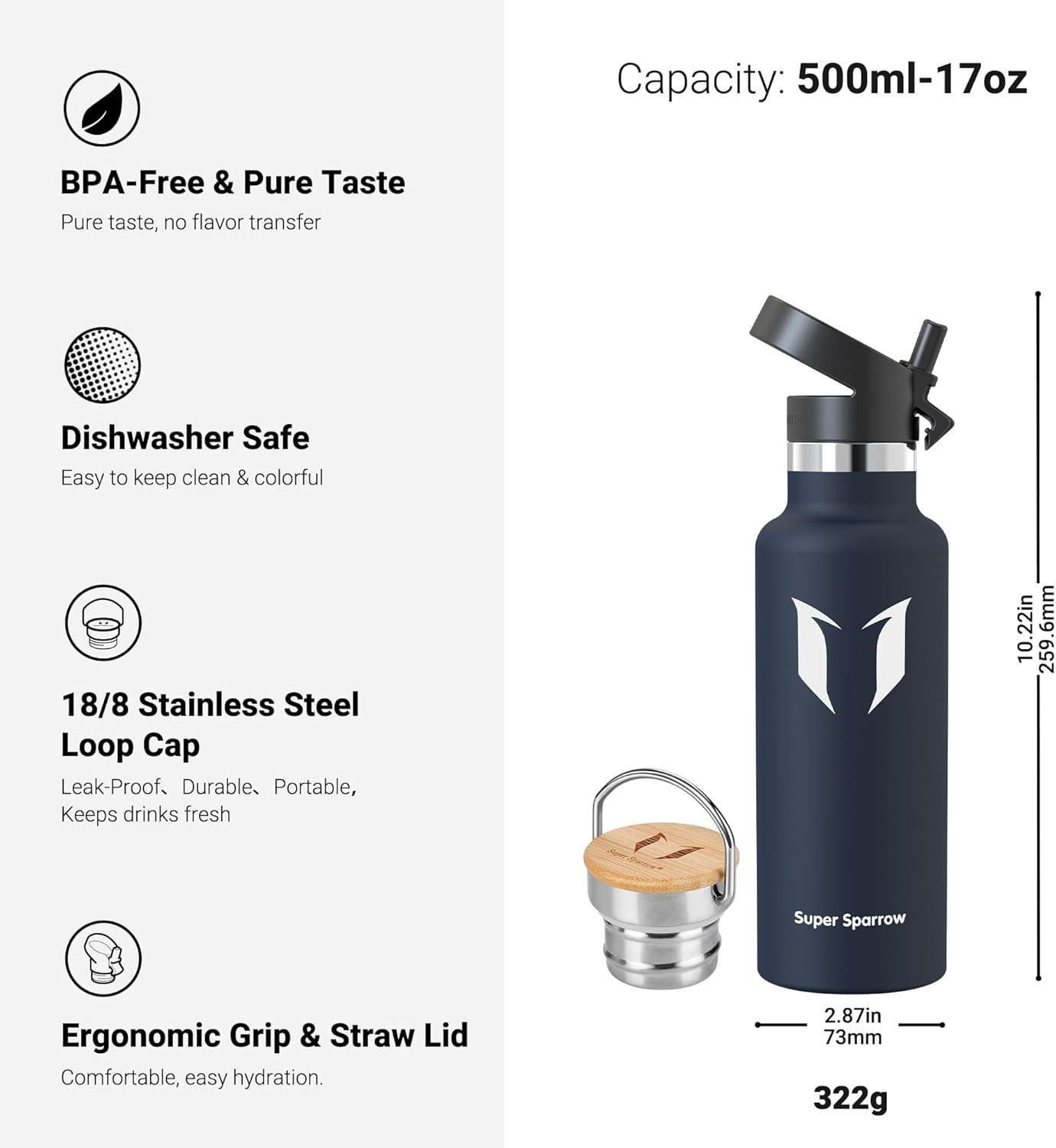 image:imageSuper Sparrow Gourde Isotherme Bouteille Isotherme 350ml500ml 620ml750ml1L tanche Sport Gourde INOX Bouche Standard Gourde Enfant sans BPA Pour Plein Air amp Quotidien Avec 2 BouchonsMer Bleue
