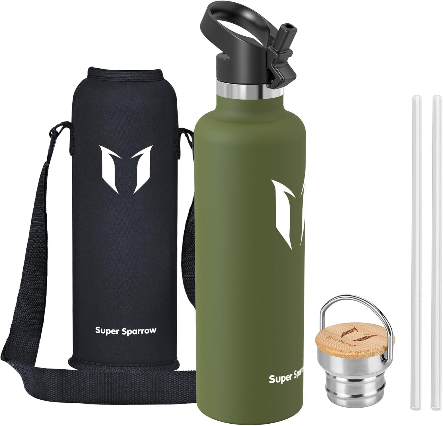 image:imageSuper Sparrow Gourde Isotherme Bouteille Isotherme 350ml500ml 620ml750ml1L tanche Sport Gourde INOX Bouche Standard Gourde Enfant sans BPA Pour Plein Air amp Quotidien Avec 2 BouchonsArme Verte