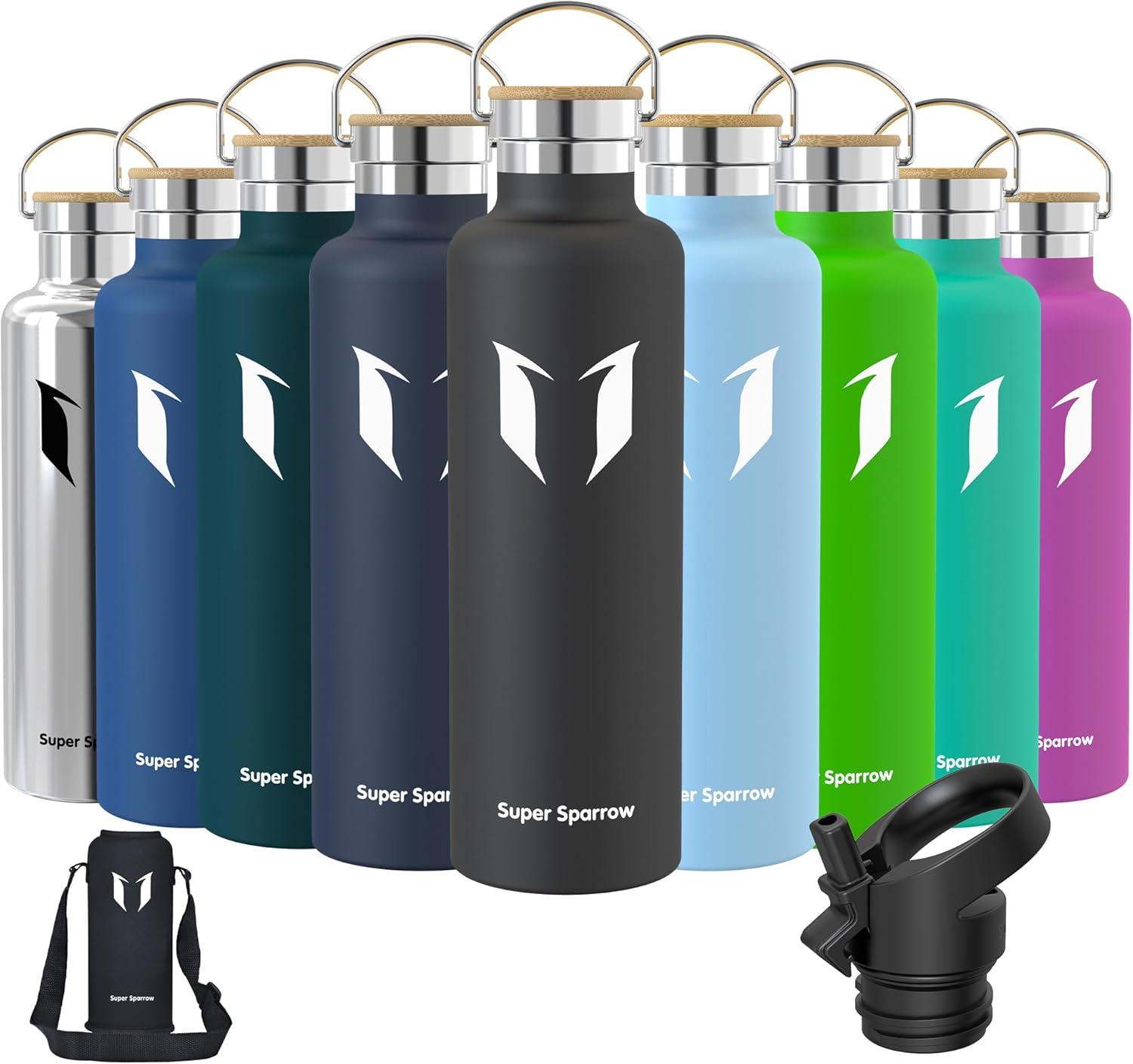 image:imageSuper Sparrow Gourde Isotherme Bouteille Isotherme 350ml500ml 620ml750ml1L tanche Sport Gourde INOX Bouche Standard Gourde Enfant sans BPA Pour Plein Air amp Quotidien Avec 2 BouchonsNoir