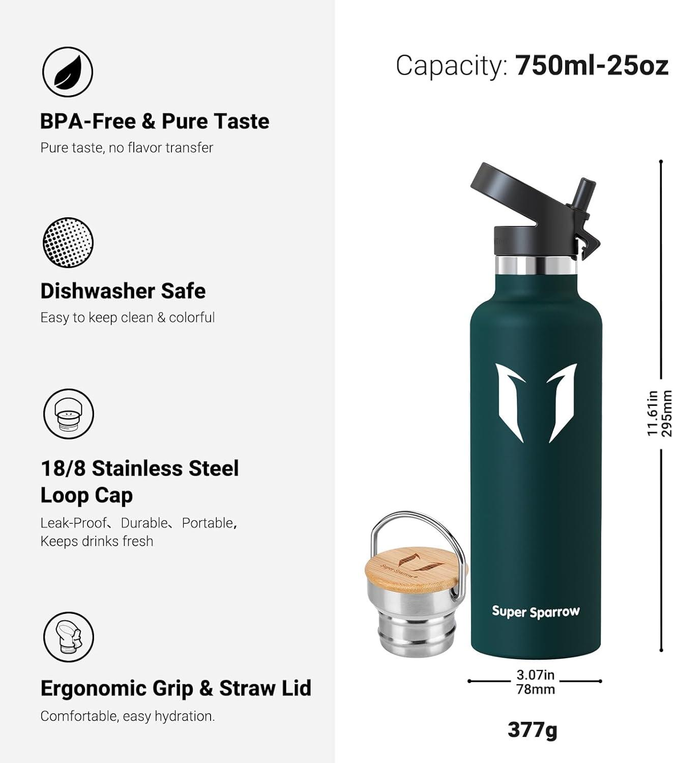 image:imageSuper Sparrow Gourde Isotherme Bouteille Isotherme 350ml500ml 620ml750ml1L tanche Sport Gourde INOX Bouche Standard Gourde Enfant sans BPA Pour Plein Air amp Quotidien Avec 2 BouchonsJade