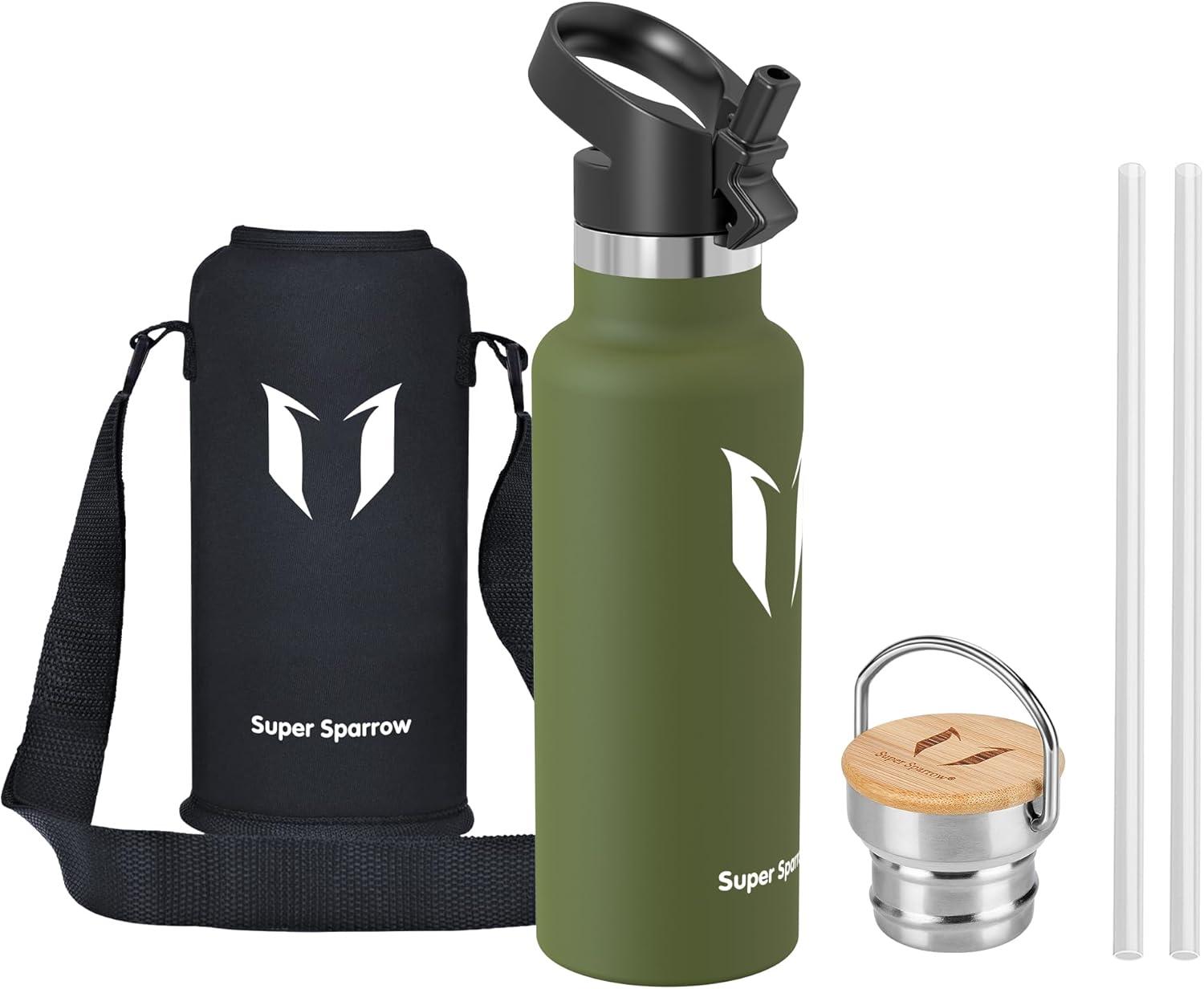 image:imageSuper Sparrow Gourde Isotherme Bouteille Isotherme 350ml500ml 620ml750ml1L tanche Sport Gourde INOX Bouche Standard Gourde Enfant sans BPA Pour Plein Air amp Quotidien Avec 2 BouchonsArme Verte