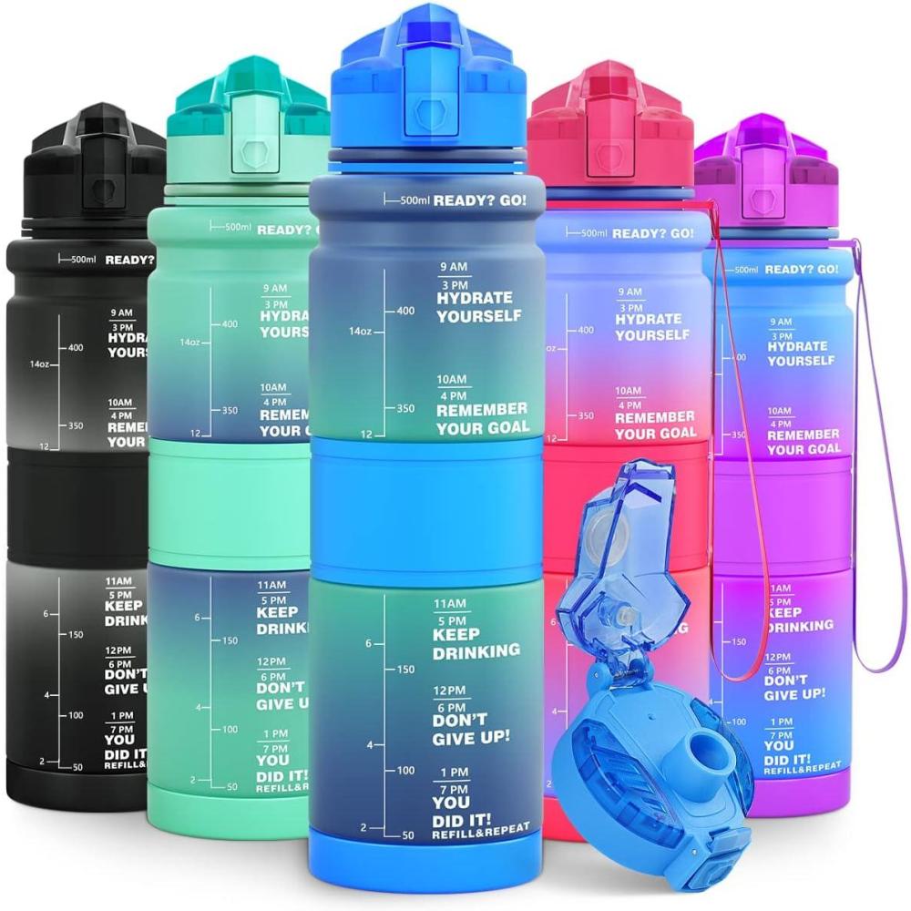 image:imageGourde Enfant sans BPA Tritan Plastique 500ML1L Gourde Sport Bouteille deau avec Marqueur de Temps et Filtre Fruits Gourde Reutilisable Pour Lcole Randonne Camping RunningBleuvert