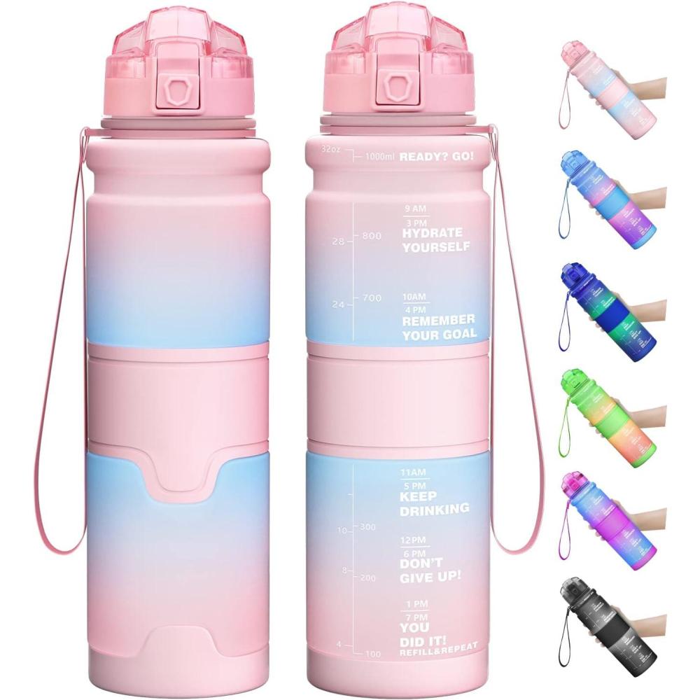 image:imageGourde Enfant sans BPA Tritan Plastique 500ML1L Gourde Sport Bouteille deau avec Marqueur de Temps et Filtre Fruits Gourde Reutilisable Pour Lcole Randonne Camping RunningRose Clairvert
