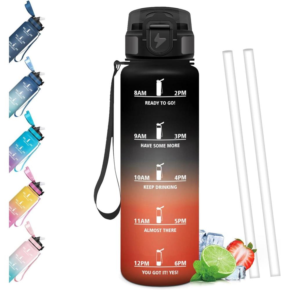 image:imageGourde Paille tanches Bouteille 500ml Portable Bouteille deau Sans BPA chelle de Temps Gourde Gradue pour 1 Journee pour Gym Ecole Cyclisme Plein Air SportNoir Rouge 1000ml