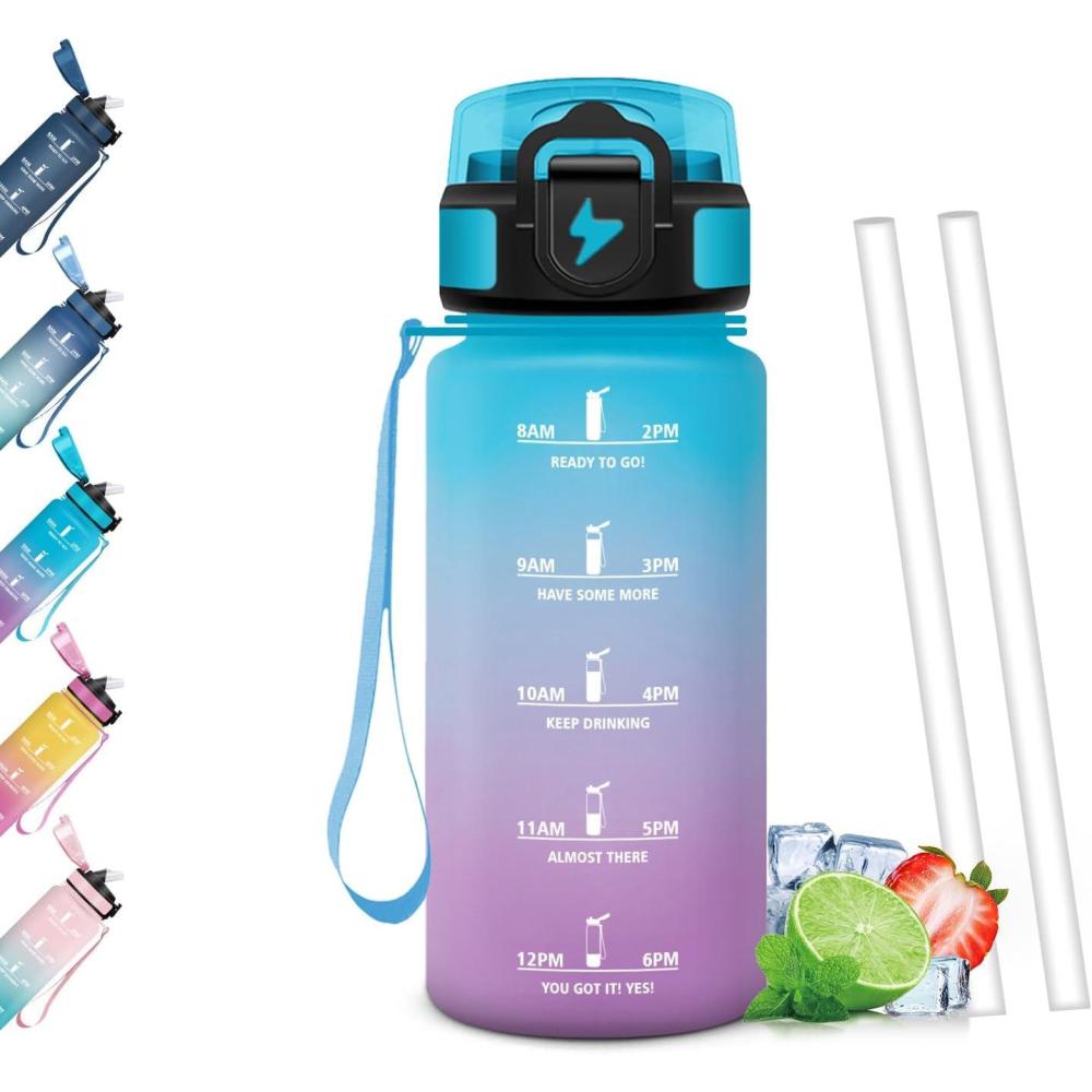 image:imageGourde Paille tanches Bouteille 500ml Portable Bouteille deau Sans BPA chelle de Temps Gourde Gradue pour 1 Journee pour Gym Ecole Cyclisme Plein Air SportBleu Violet 500ml