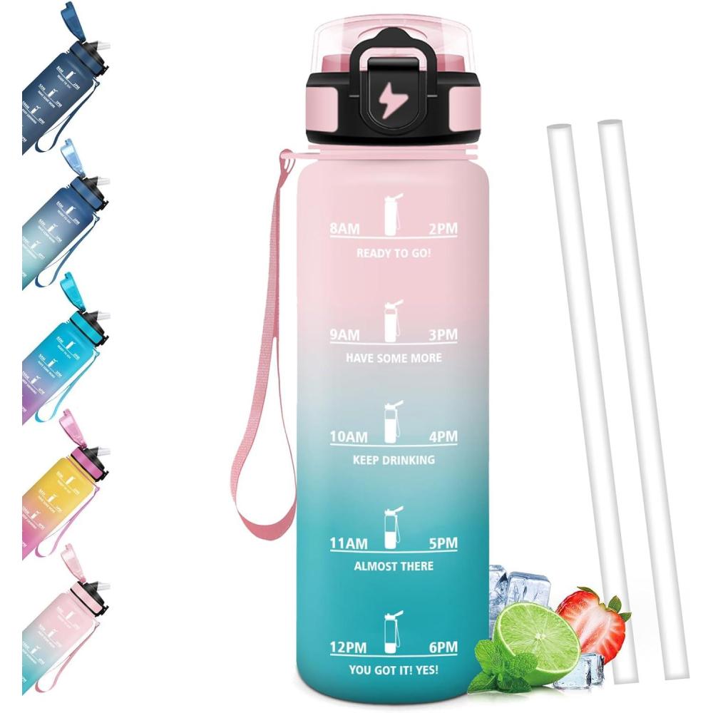 image:imageGourde Paille tanches Bouteille 500ml Portable Bouteille deau Sans BPA chelle de Temps Gourde Gradue pour 1 Journee pour Gym Ecole Cyclisme Plein Air SportRose  Cyan  1000ml