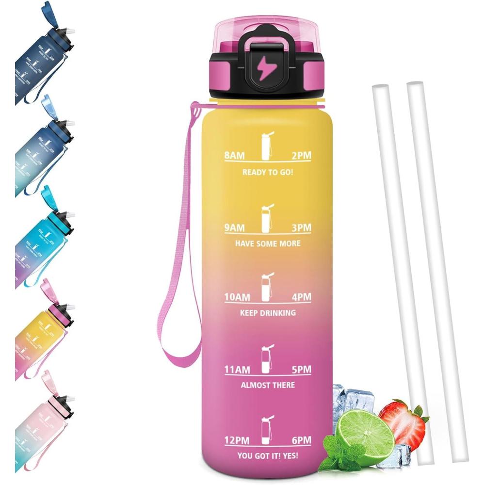 image:imageGourde Paille tanches Bouteille 500ml Portable Bouteille deau Sans BPA chelle de Temps Gourde Gradue pour 1 Journee pour Gym Ecole Cyclisme Plein Air SportJaune Rose 1000ml