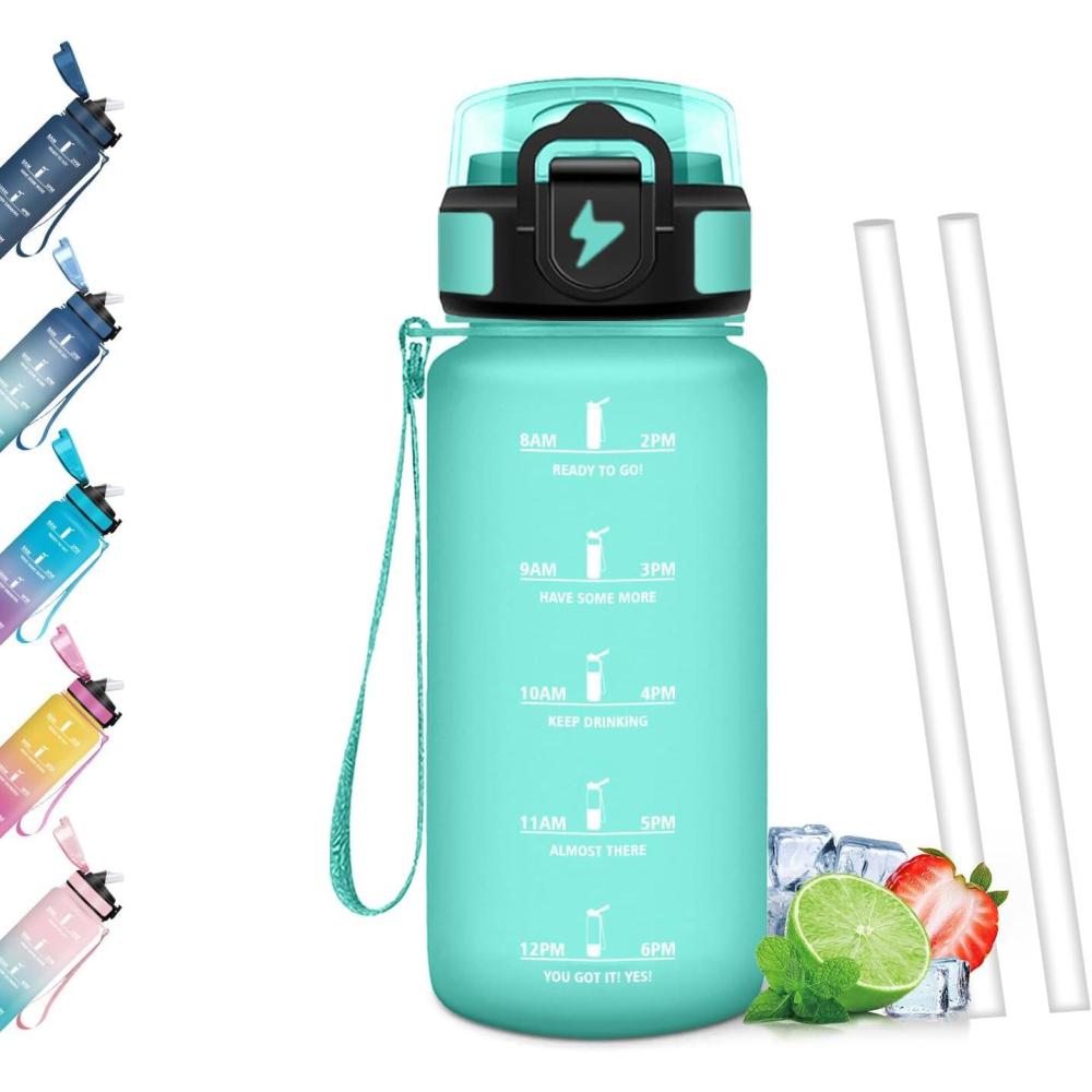 image:imageGourde Paille tanches Bouteille 500ml Portable Bouteille deau Sans BPA chelle de Temps Gourde Gradue pour 1 Journee pour Gym Ecole Cyclisme Plein Air SportBleu Vert 500ml