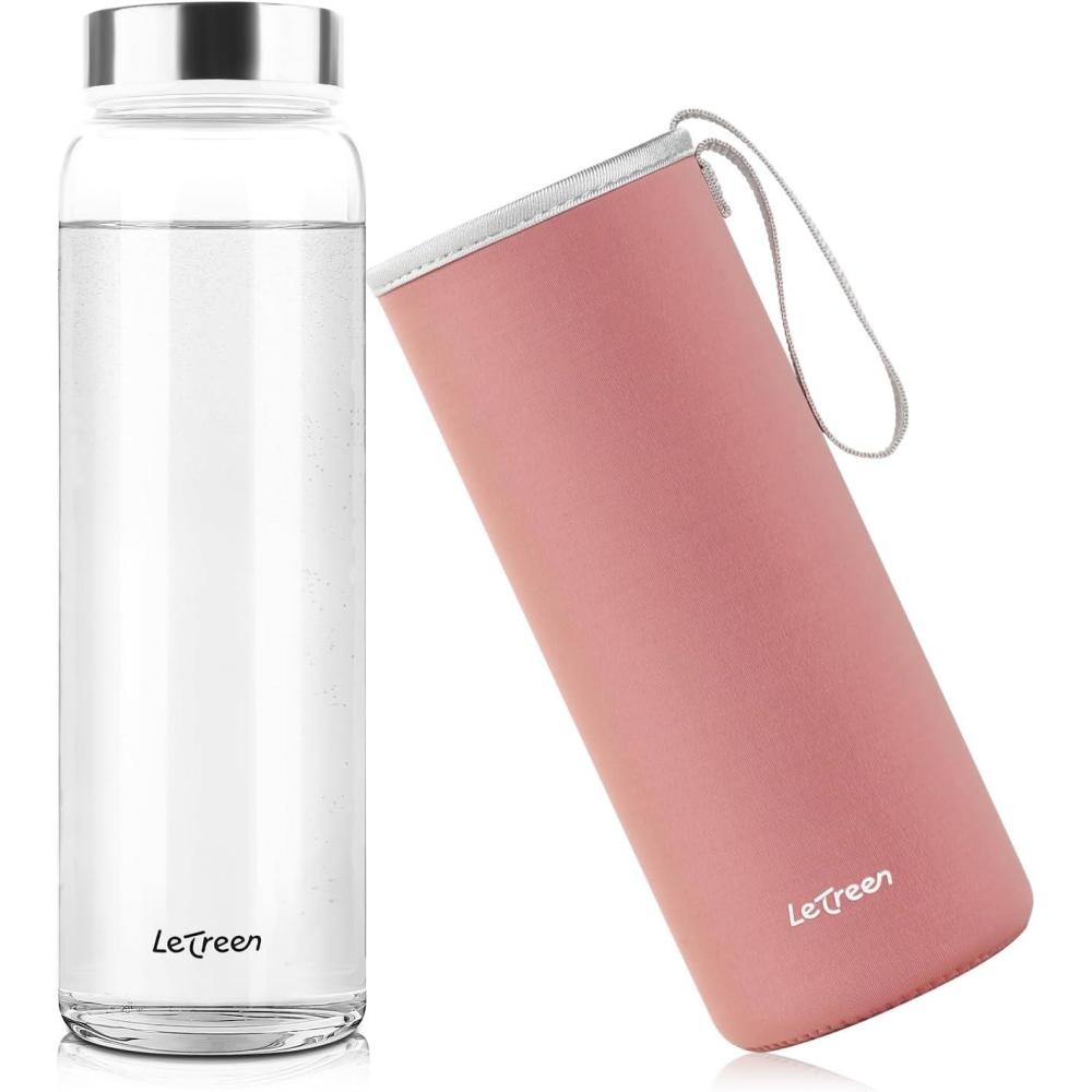 image:imageGourde en Verre 1 Litre 1L avec Housse en Noprne sans BPA tanche et Rutilisable Bouteille en Verre 1 Litre pour Maison Voyages Sport Yoga Gym Boissons Chaudes FroidesRose Haricot Rouge