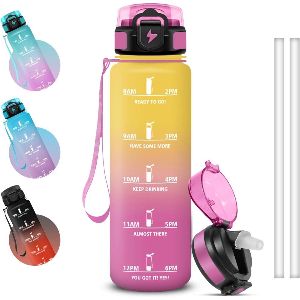 image:imageGrsta Gourde 1l Anti Fuite Gourde Sport avec Marqueur de Temps Gourdes avec Paille Verrou de Scurit Bouteille deau Motivationnelle pour Cyclisme Voyages YogaJaunerose