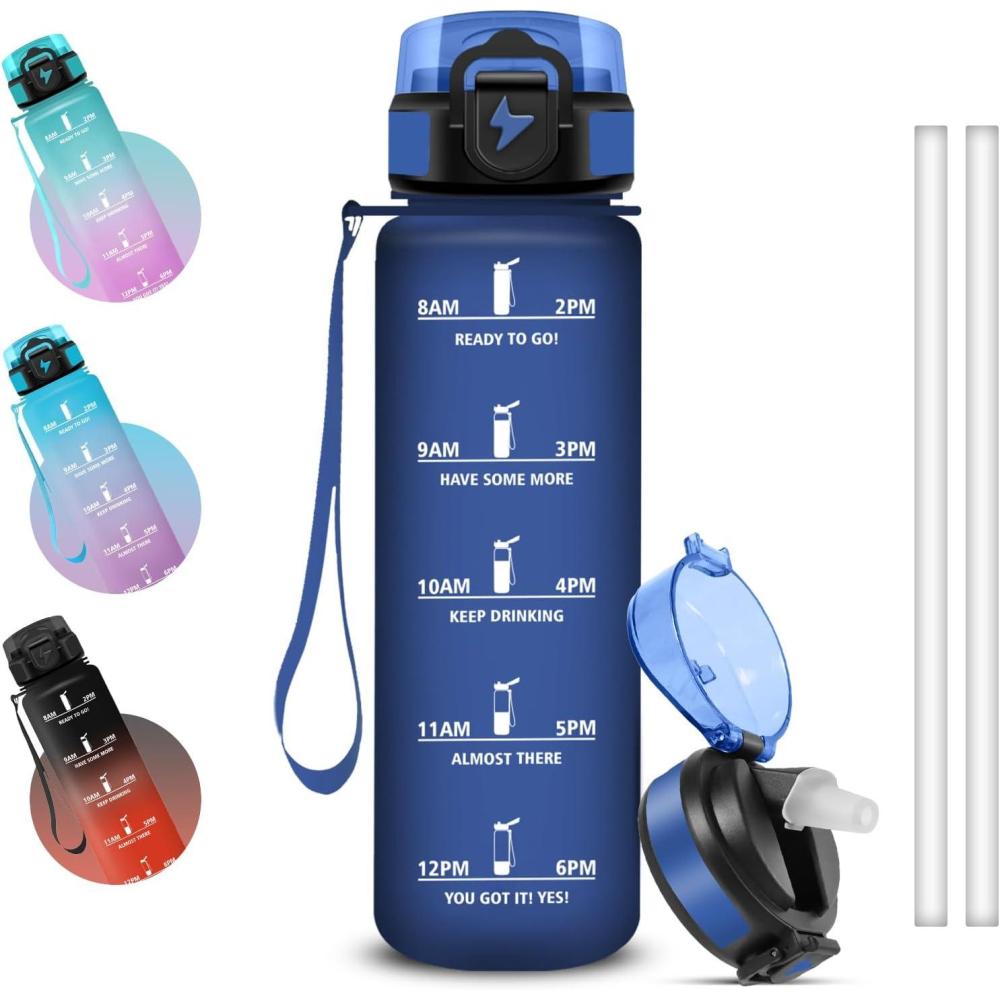 image:imageGrsta Gourde 1l Anti Fuite Gourde Sport avec Marqueur de Temps Gourdes avec Paille Verrou de Scurit Bouteille deau Motivationnelle pour Cyclisme Voyages YogaBleu Fonc