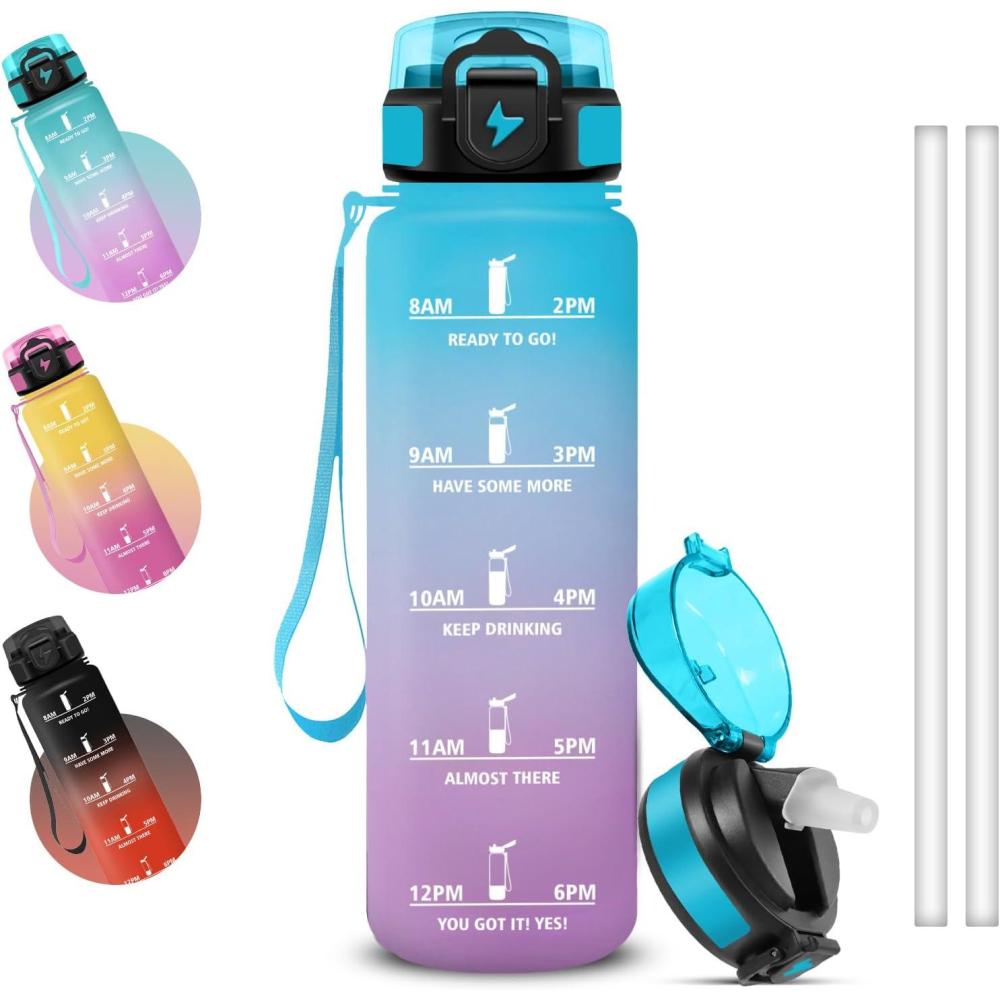 image:imageGrsta Gourde 1l Anti Fuite Gourde Sport avec Marqueur de Temps Gourdes avec Paille Verrou de Scurit Bouteille deau Motivationnelle pour Cyclisme Voyages YogaBleuviolet