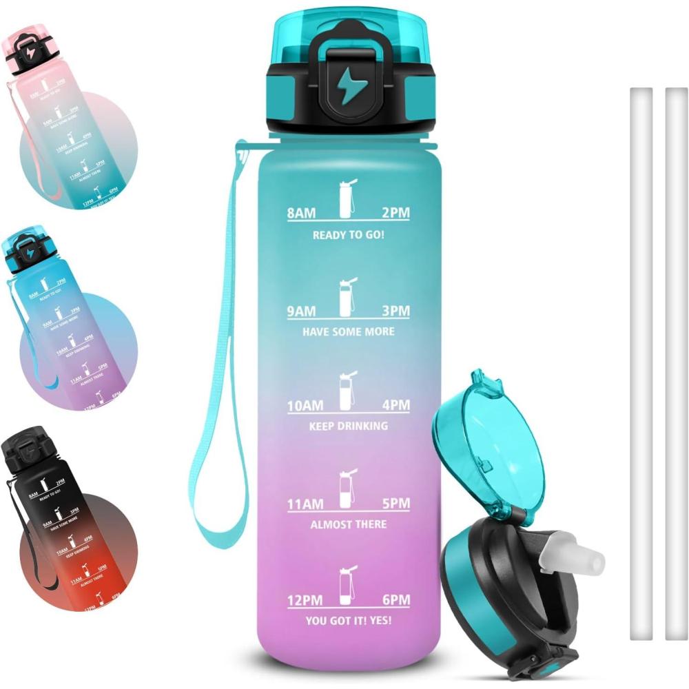 image:imageGrsta Gourde 1l Anti Fuite Gourde Sport avec Marqueur de Temps Gourdes avec Paille Verrou de Scurit Bouteille deau Motivationnelle pour Cyclisme Voyages YogaGreenpowder